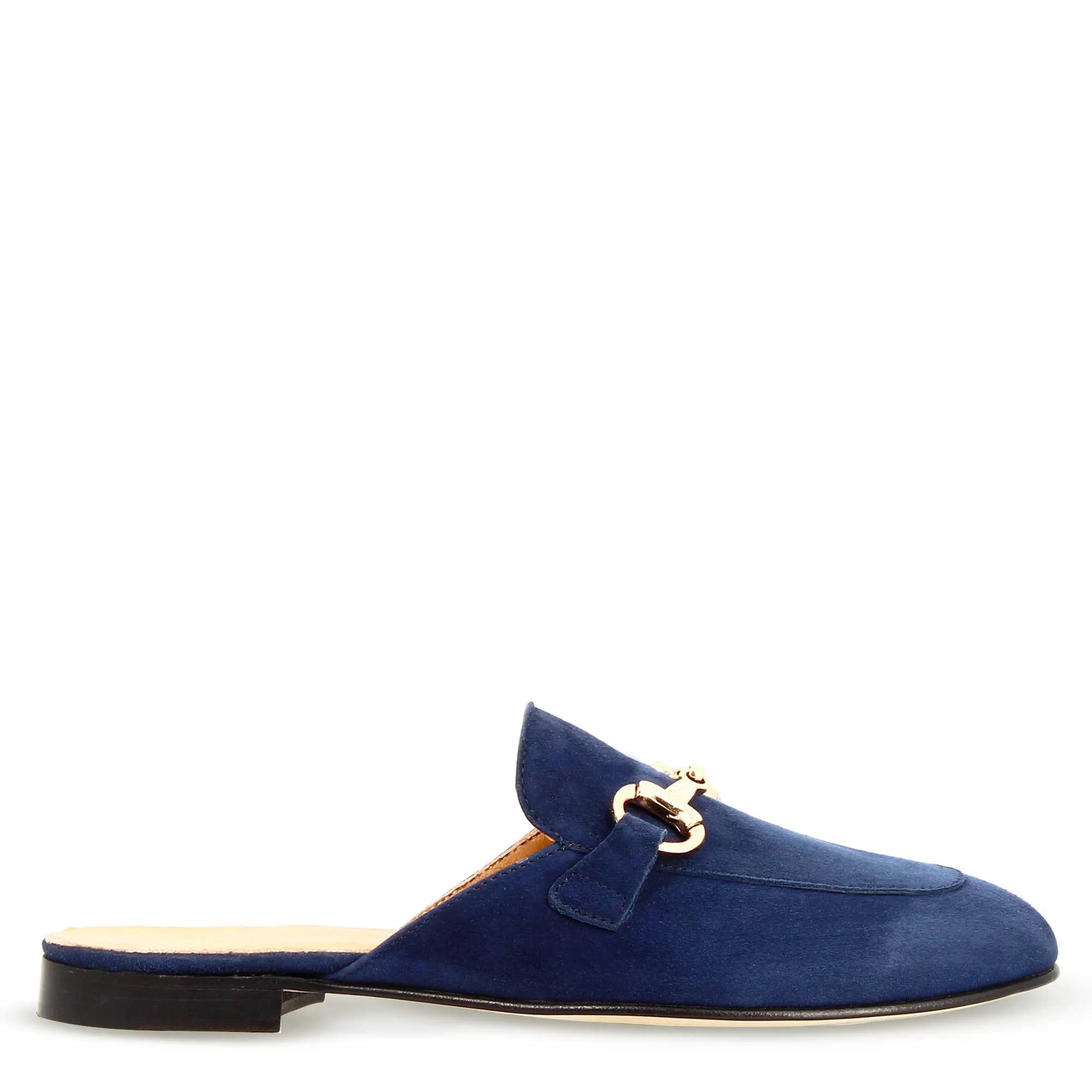 Sabot da donna in pelle scamosciata blu con fibbia oro - Image 3