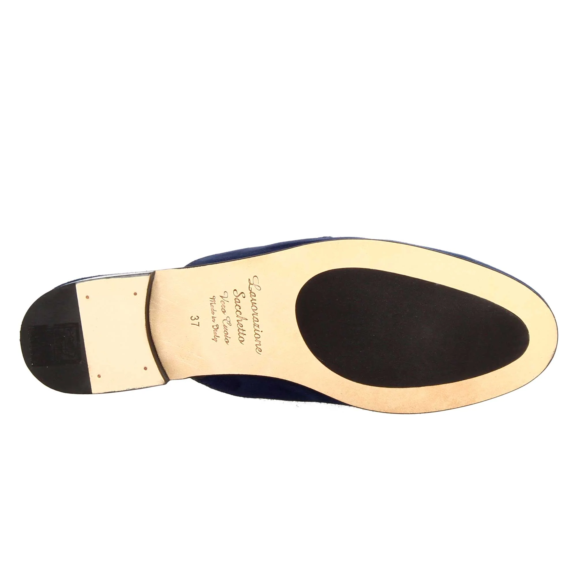 Sabot da donna in pelle scamosciata blu con fibbia oro - Image 5