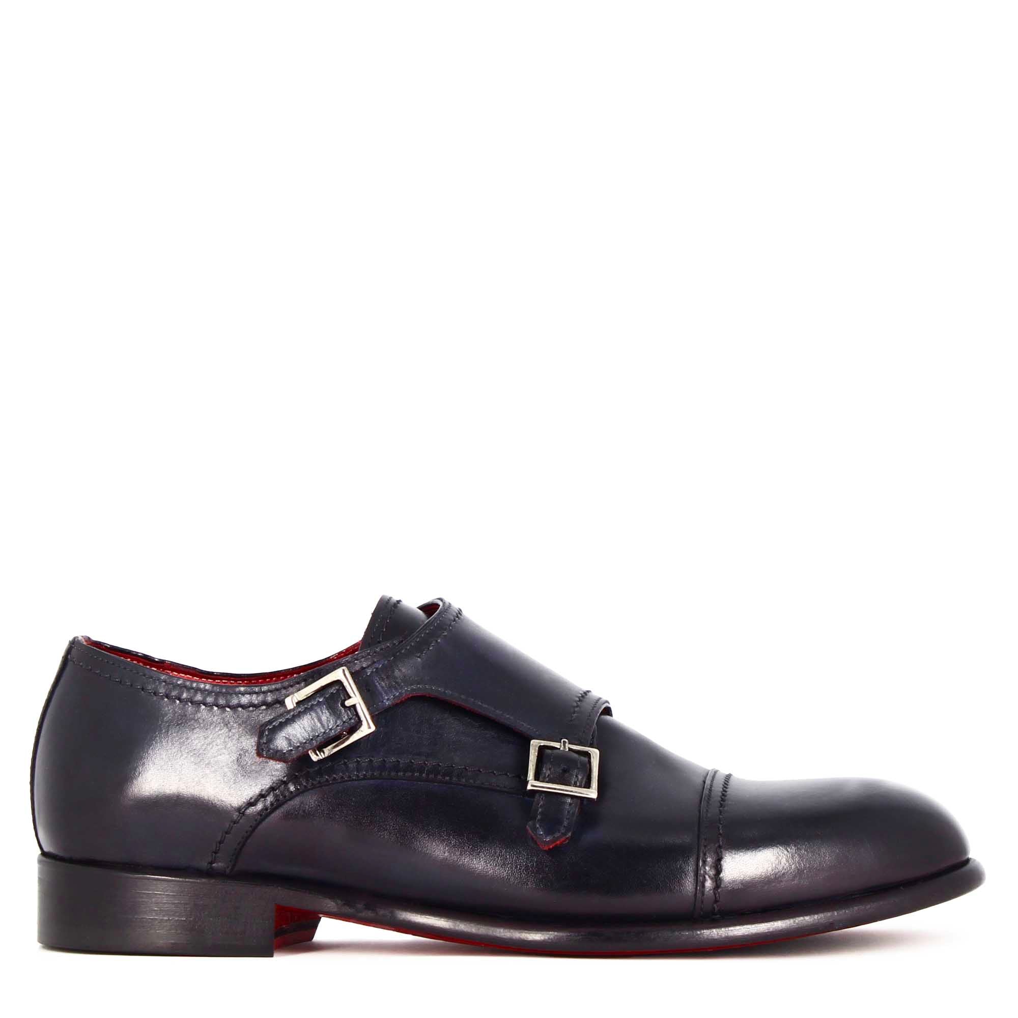 Scarpa con doppia fibbia da uomo in pelle liscia colore blu scuro - Image 3