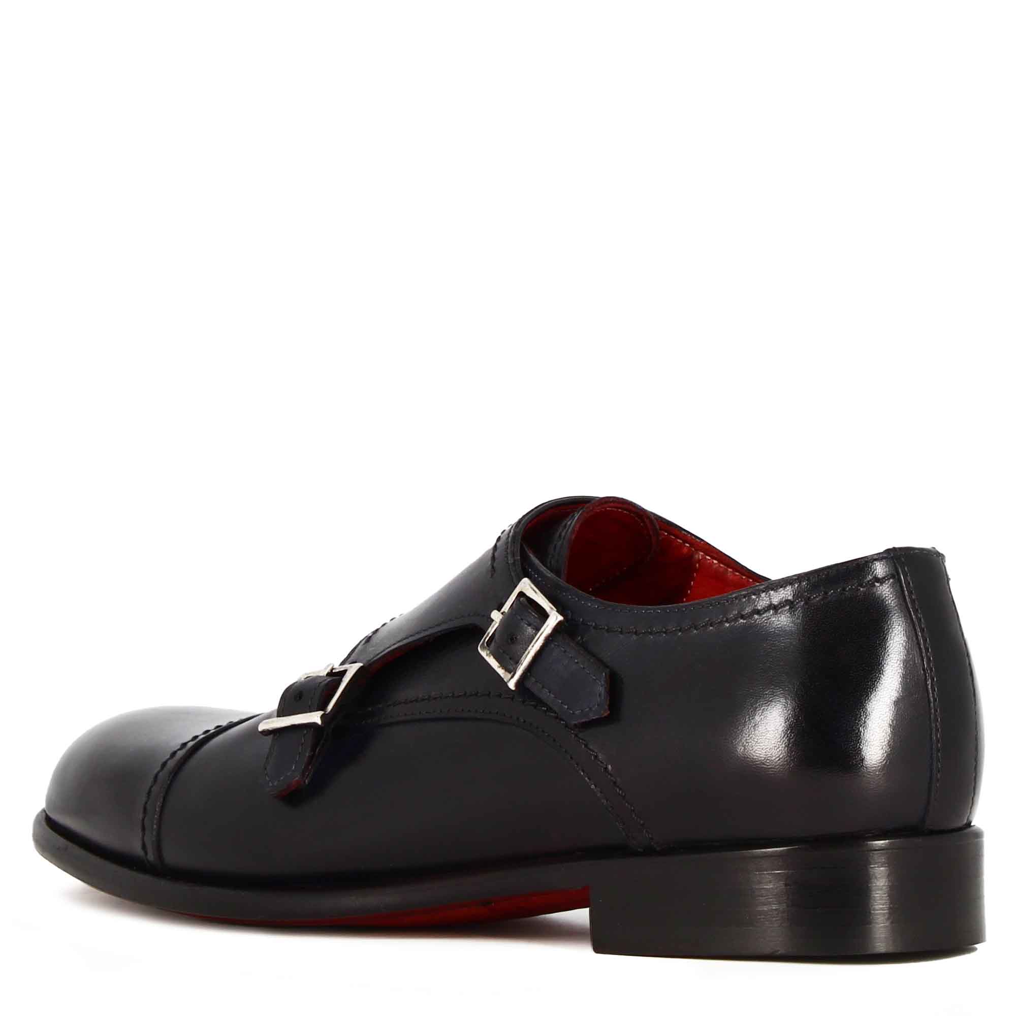 Scarpa con doppia fibbia da uomo in pelle liscia colore blu scuro - Image 7