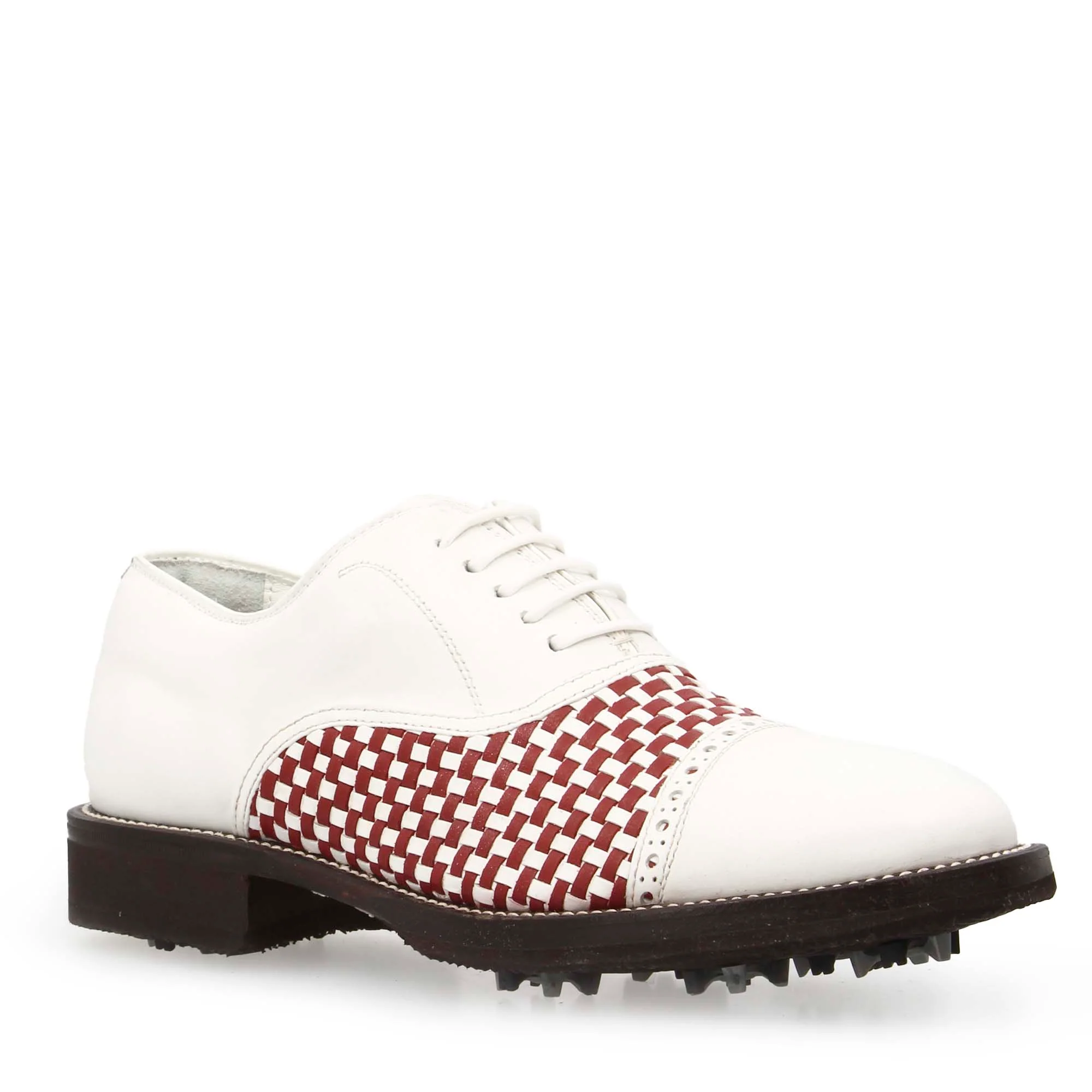 Scarpe classiche da golf artigianali in pelle bianca e rossa intrecciata