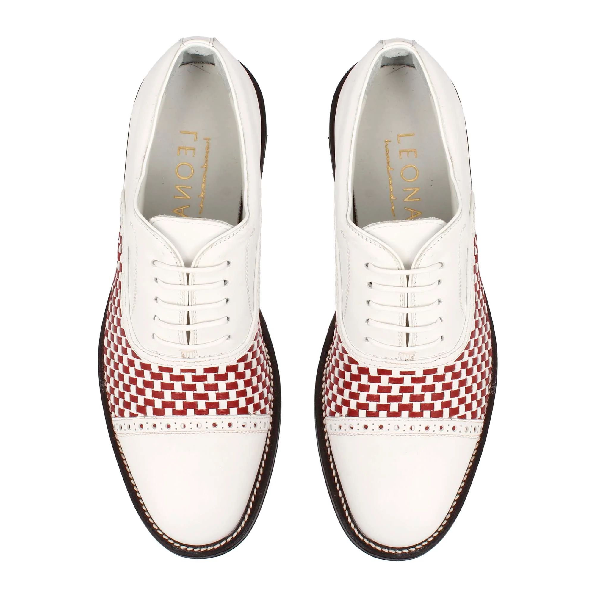 Scarpe classiche da golf artigianali in pelle bianca e rossa intrecciata - Image 2