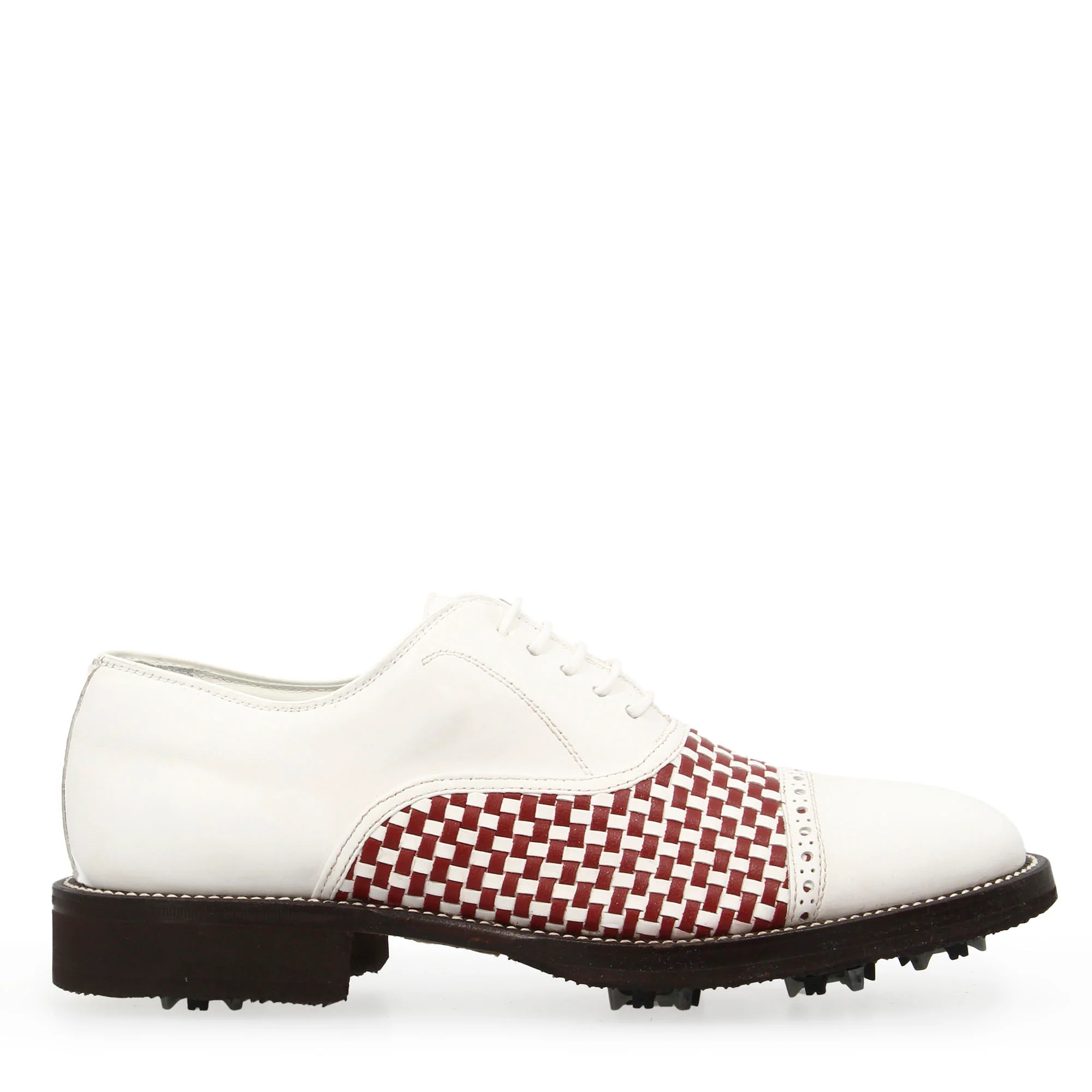 Scarpe classiche da golf artigianali in pelle bianca e rossa intrecciata - Image 3