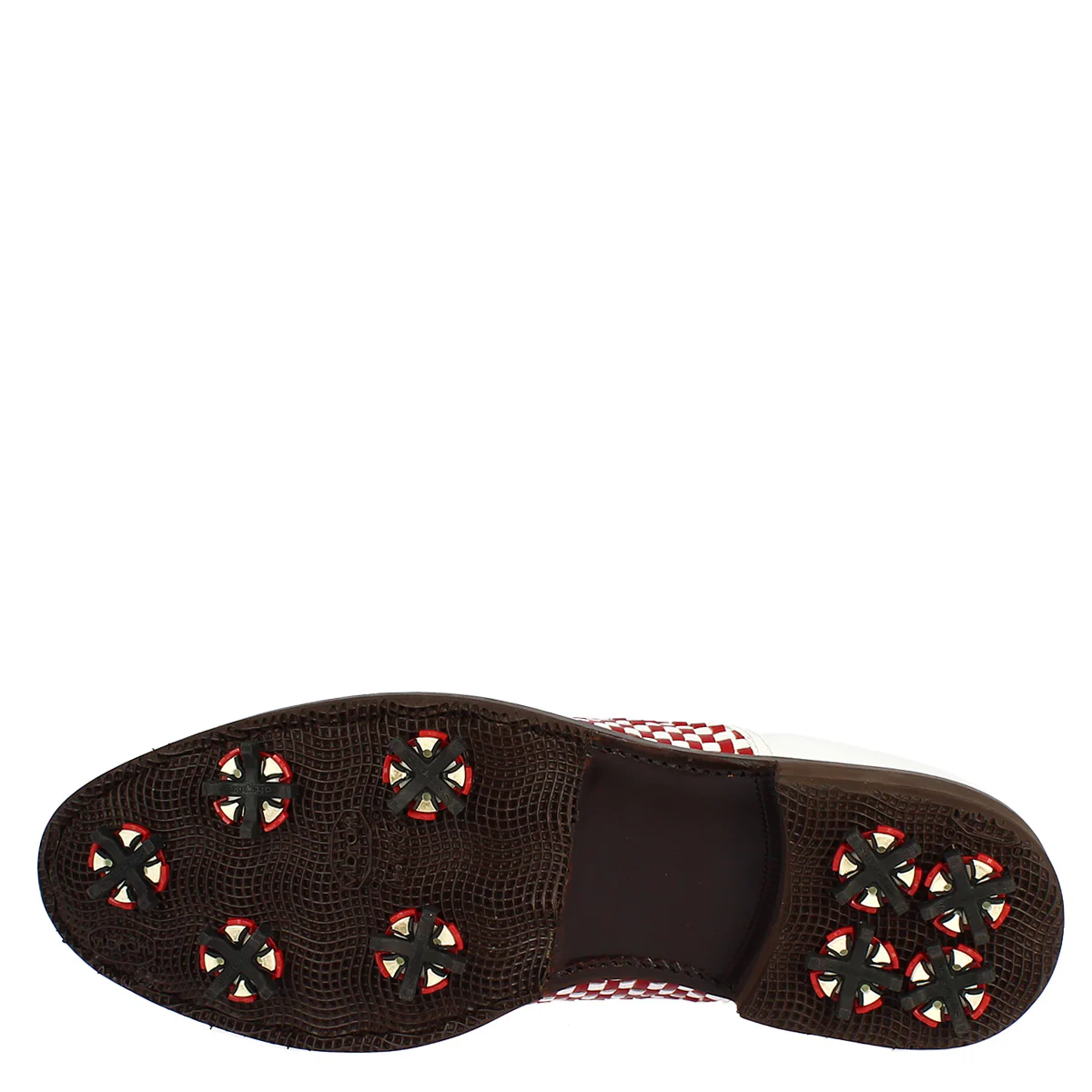 Scarpe classiche da golf artigianali in pelle bianca e rossa intrecciata - Image 4