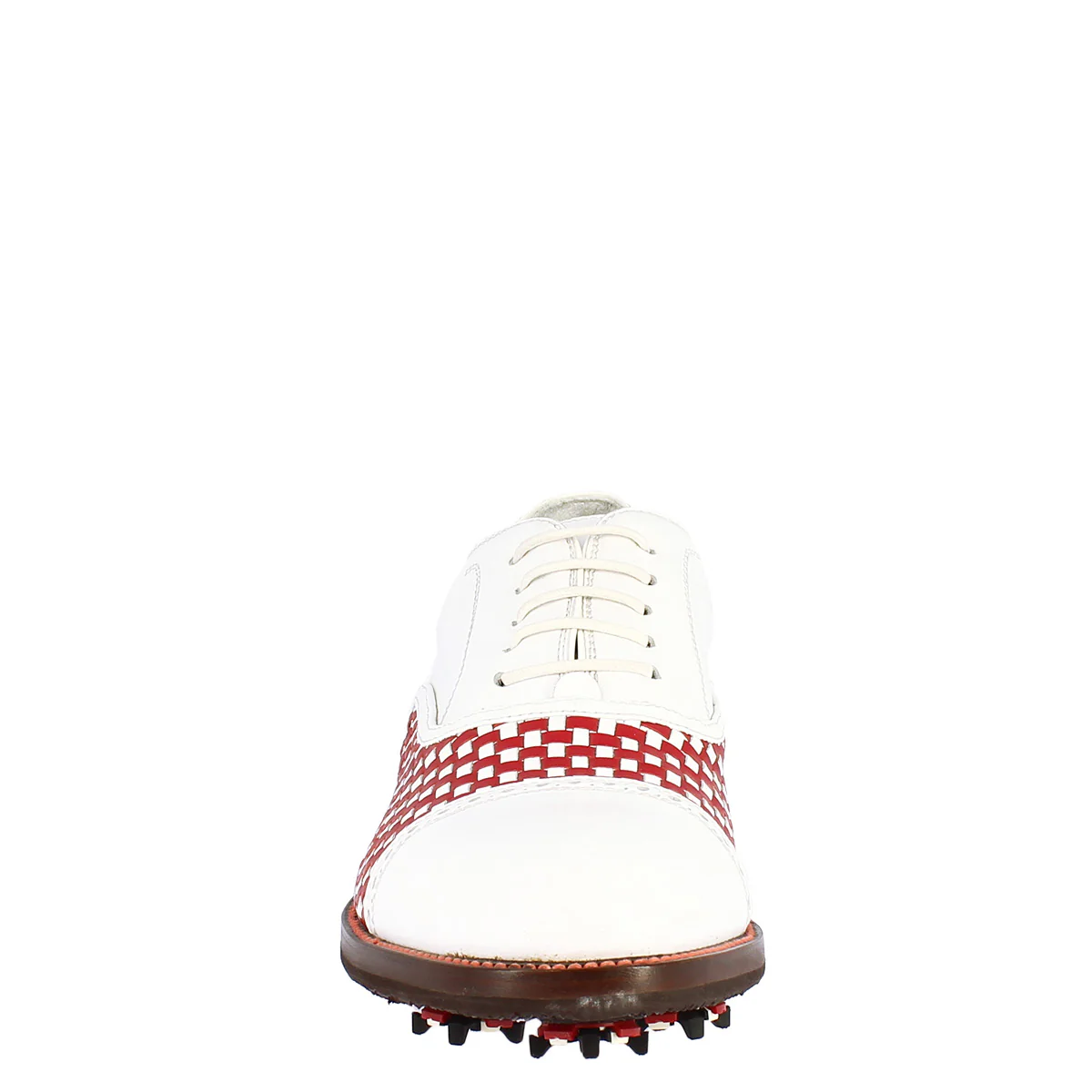 Scarpe classiche da golf artigianali in pelle bianca e rossa intrecciata - Image 5