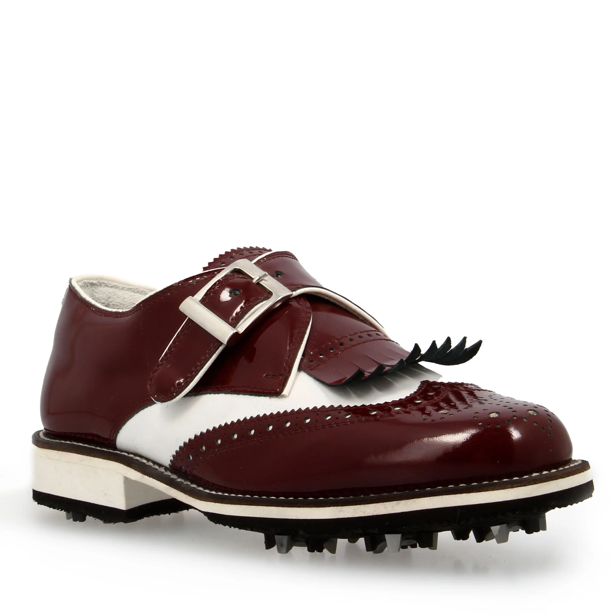Scarpe con fibbia da golf in pelle bianca e vernice bordeaux