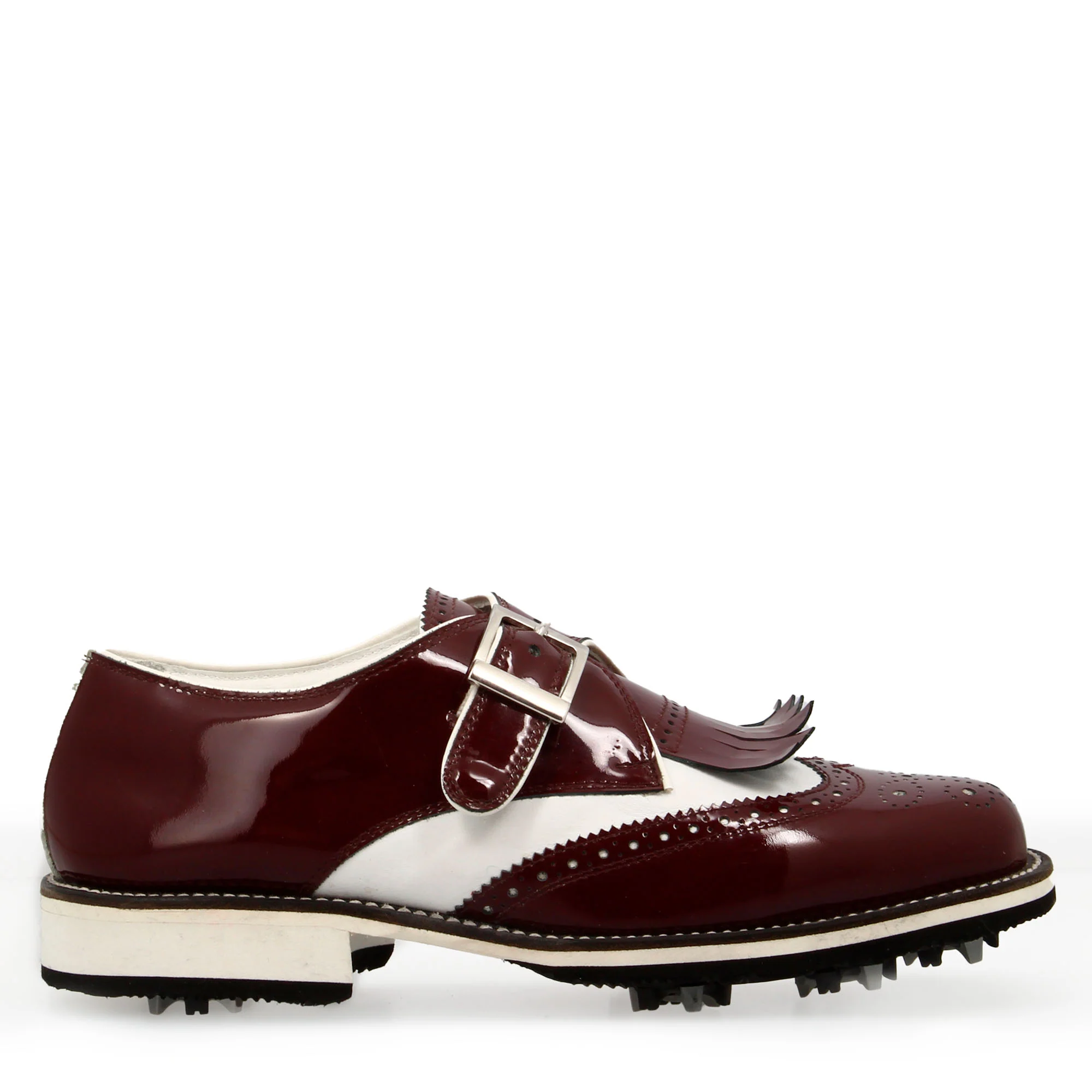 Scarpe con fibbia da golf in pelle bianca e vernice bordeaux - Image 3