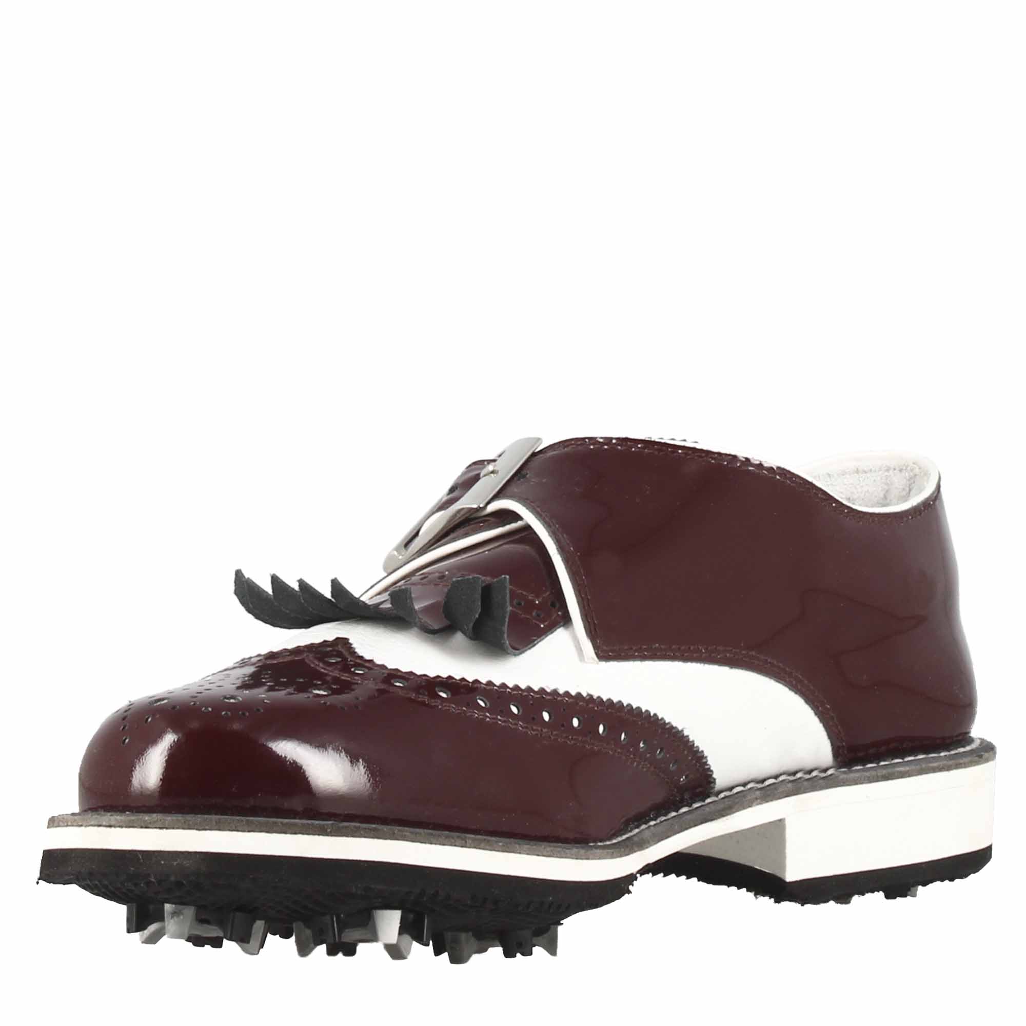 Scarpe con fibbia da golf in pelle bianca e vernice bordeaux - Image 4