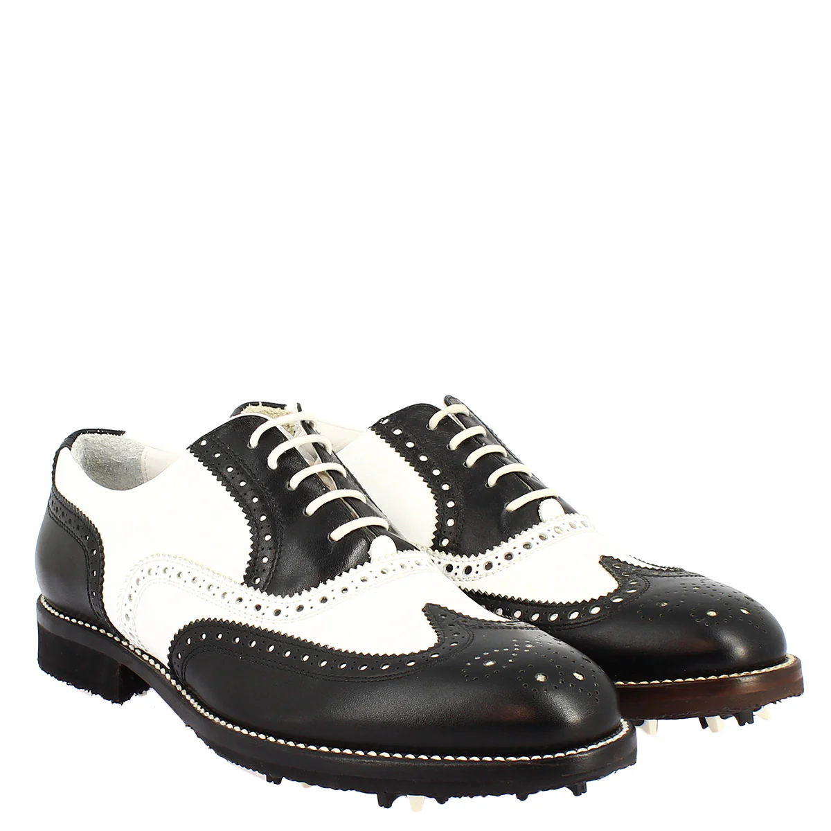 Scarpe da golf artigianale in pelle bicolore bianco e nero - Image 8