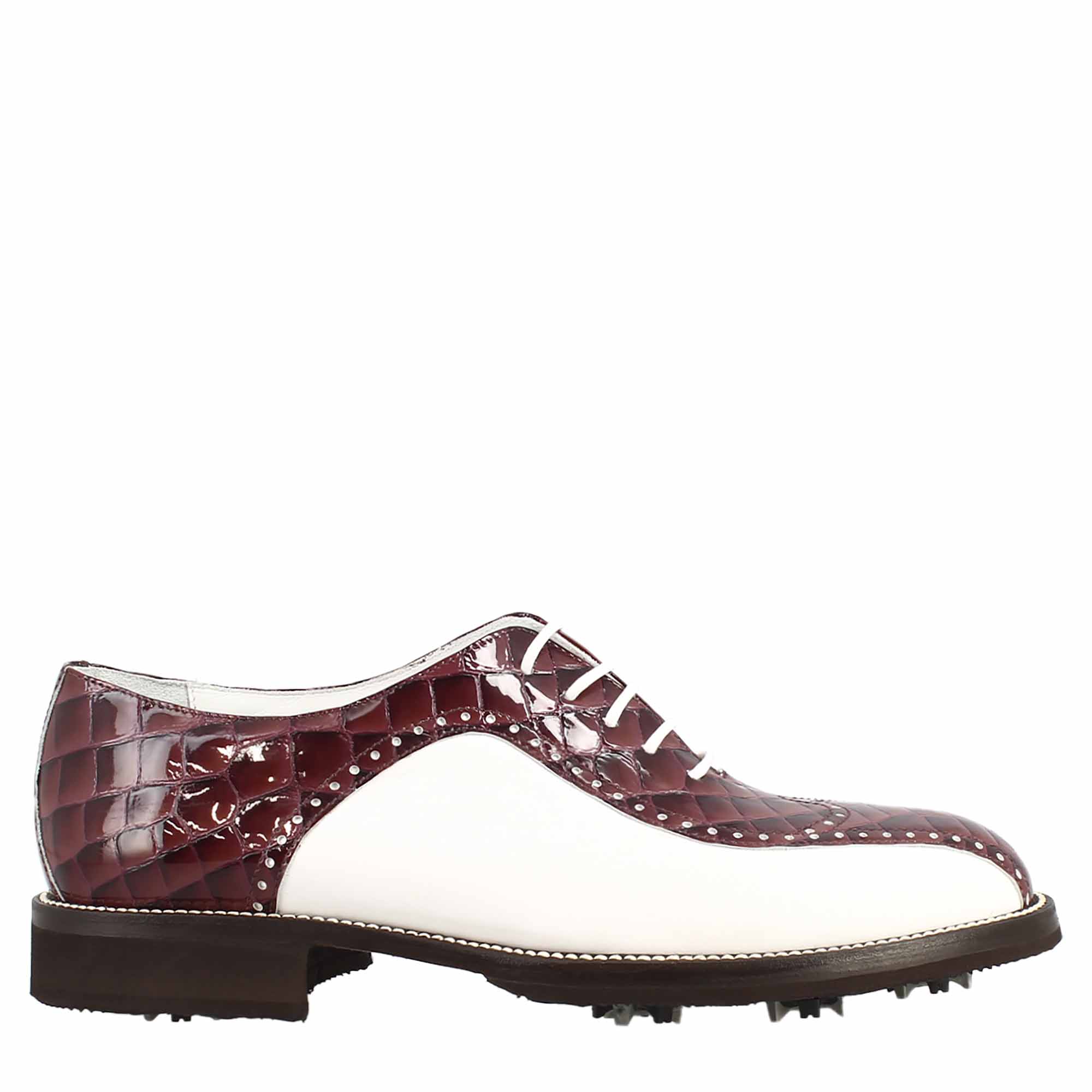 Scarpe da golf da donna colore bianco e bordeaux cocco artigianali in pelle - Image 2