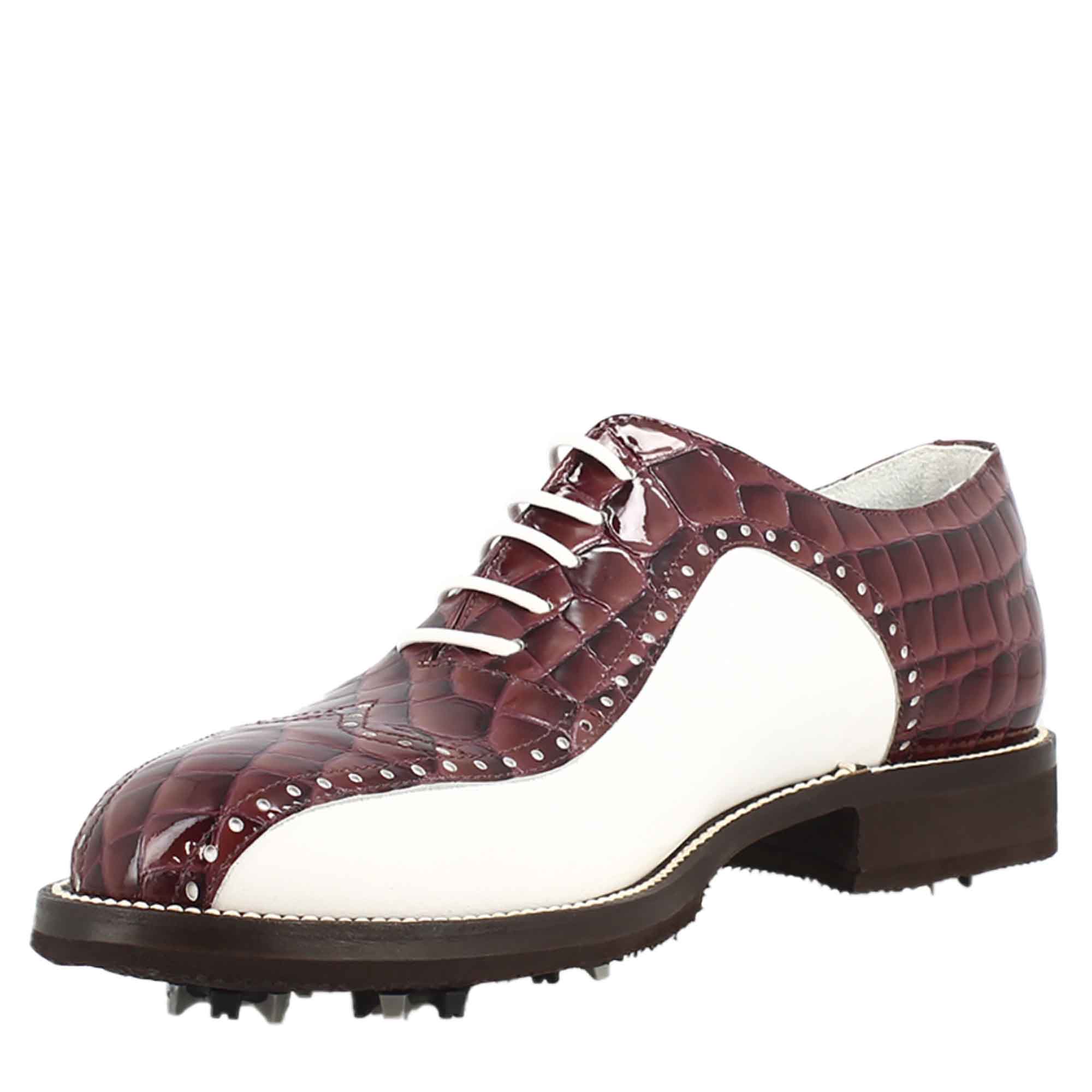 Scarpe da golf da donna colore bianco e bordeaux cocco artigianali in pelle - Image 4