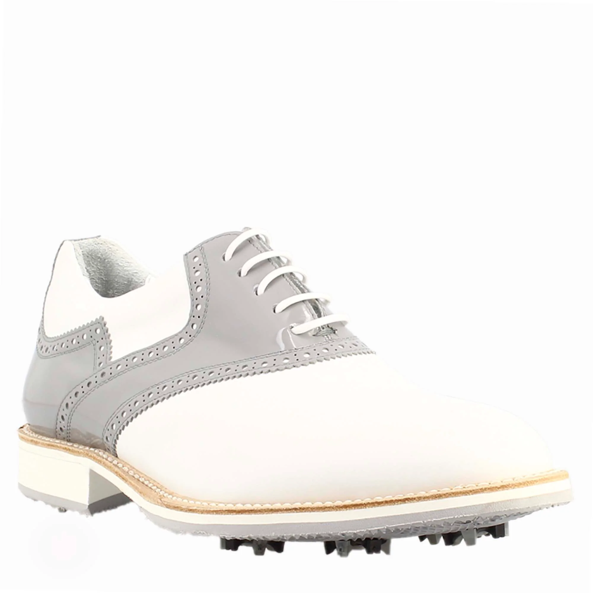 Scarpe da golf artigianali in pelle colore bianco e grigio