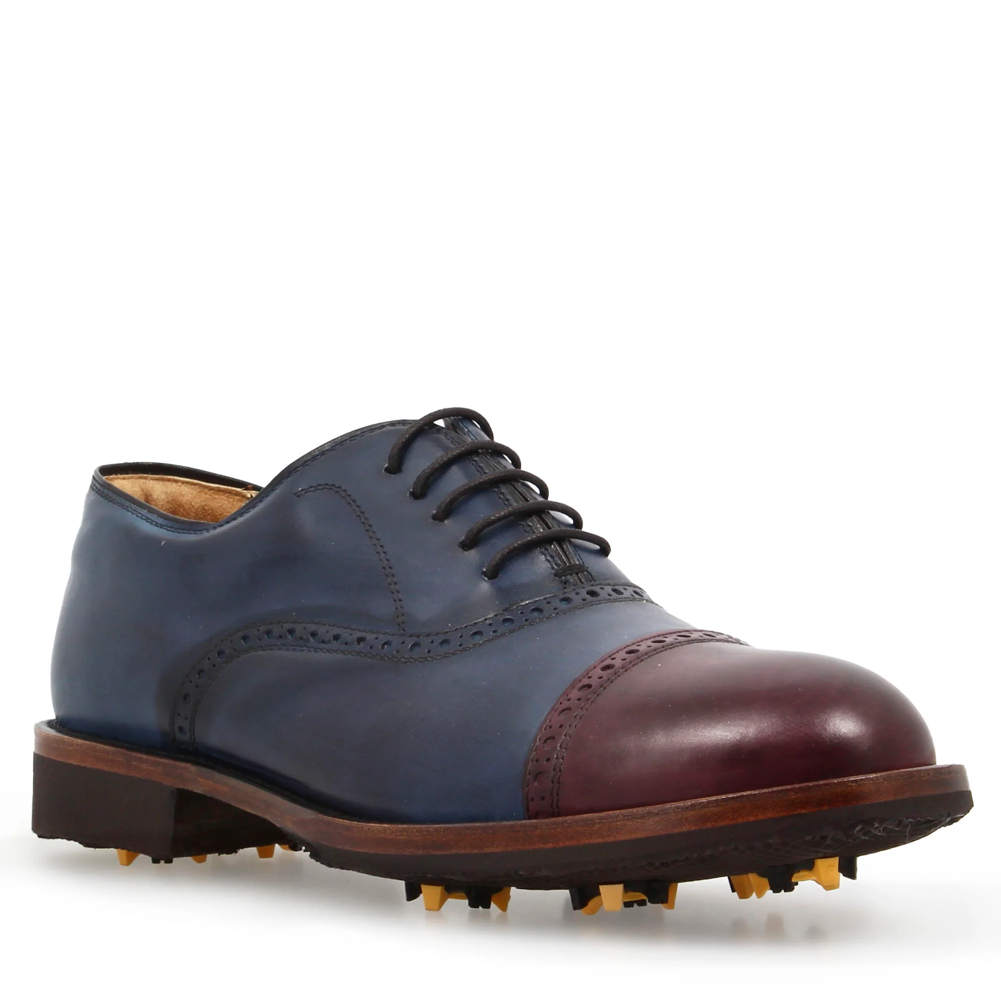 Scarpe da golf artigianali in pelle colore blu e bordeaux tinta a mano
