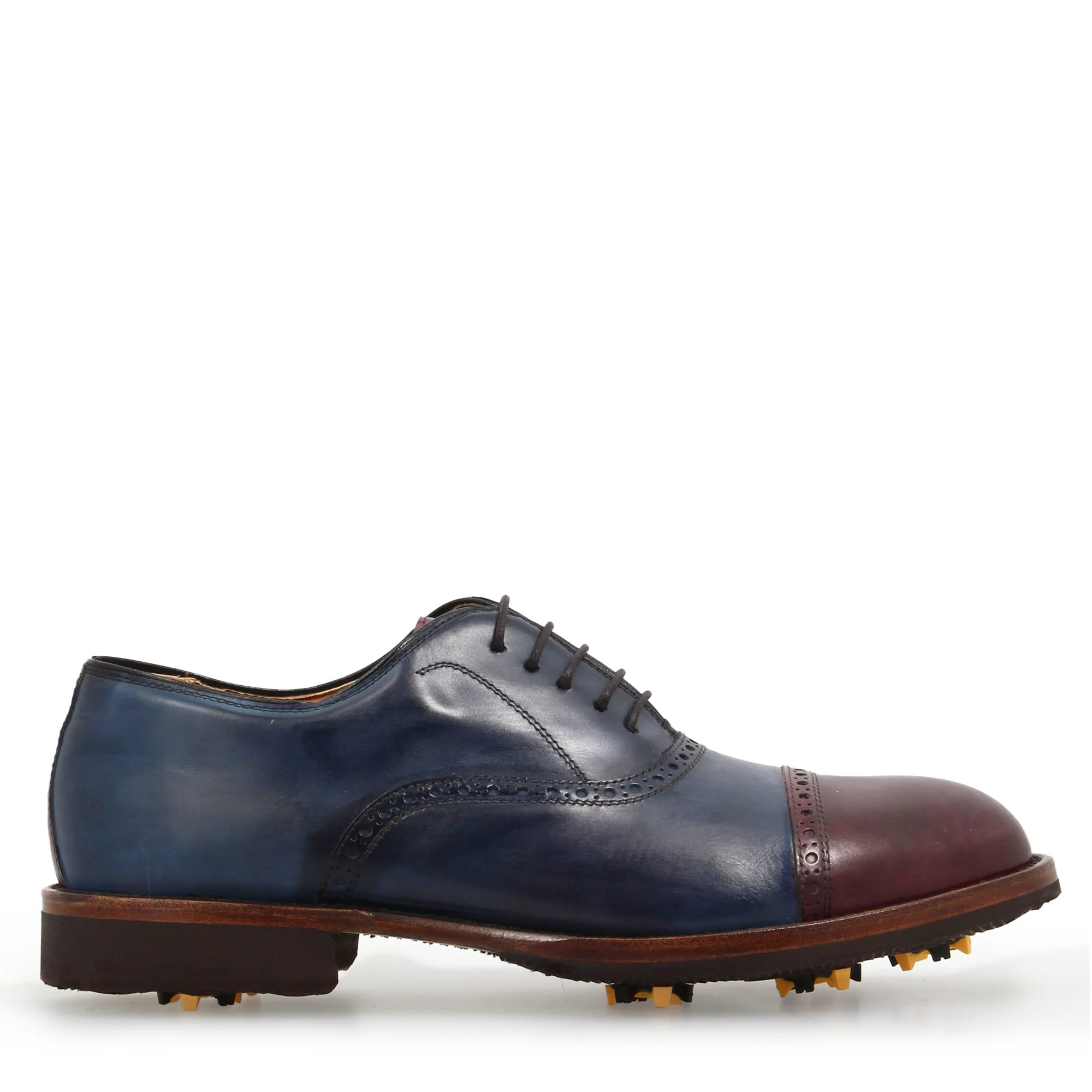 Scarpe da golf artigianali in pelle colore blu e bordeaux tinta a mano - Image 3