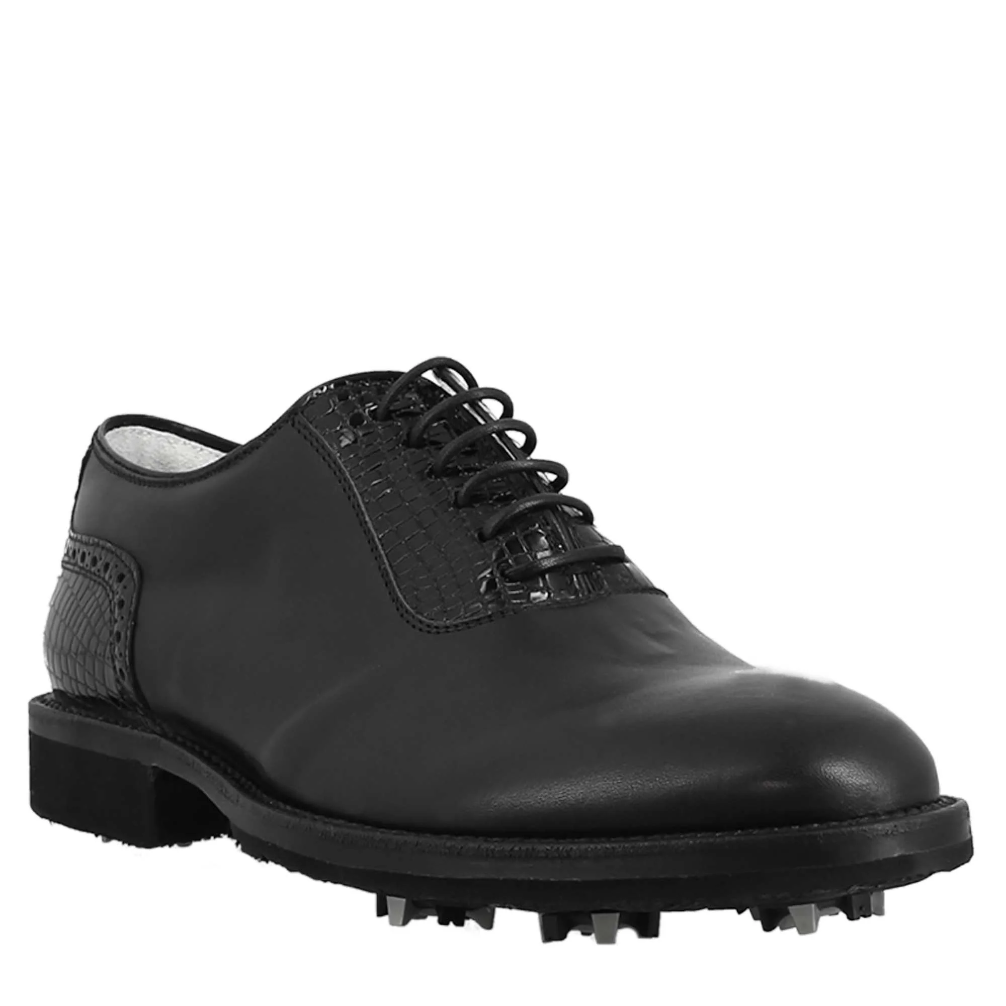 Scarpe da golf artigianali in pelle colore nero punta liscia