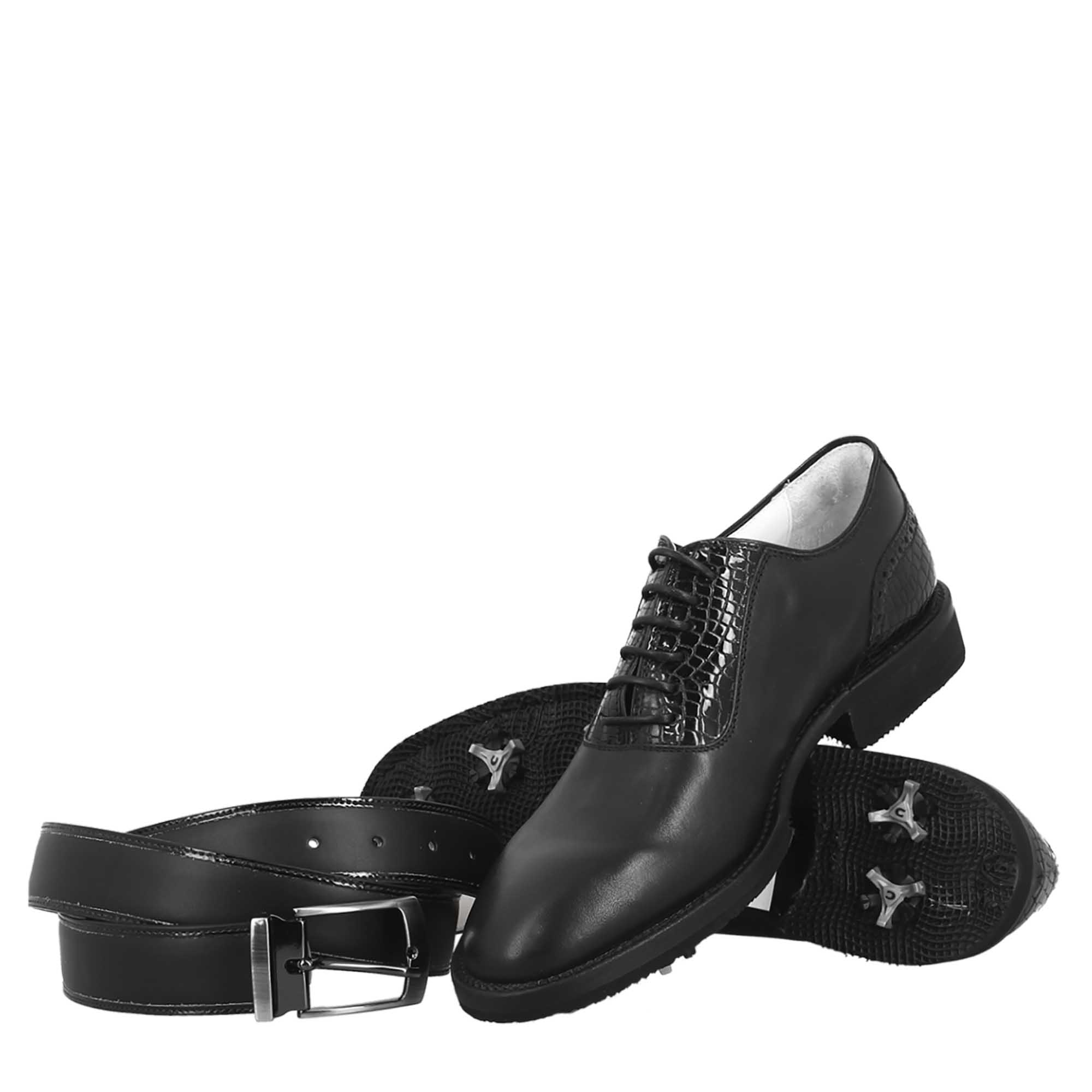 Scarpe da golf artigianali in pelle colore nero punta liscia - Image 7