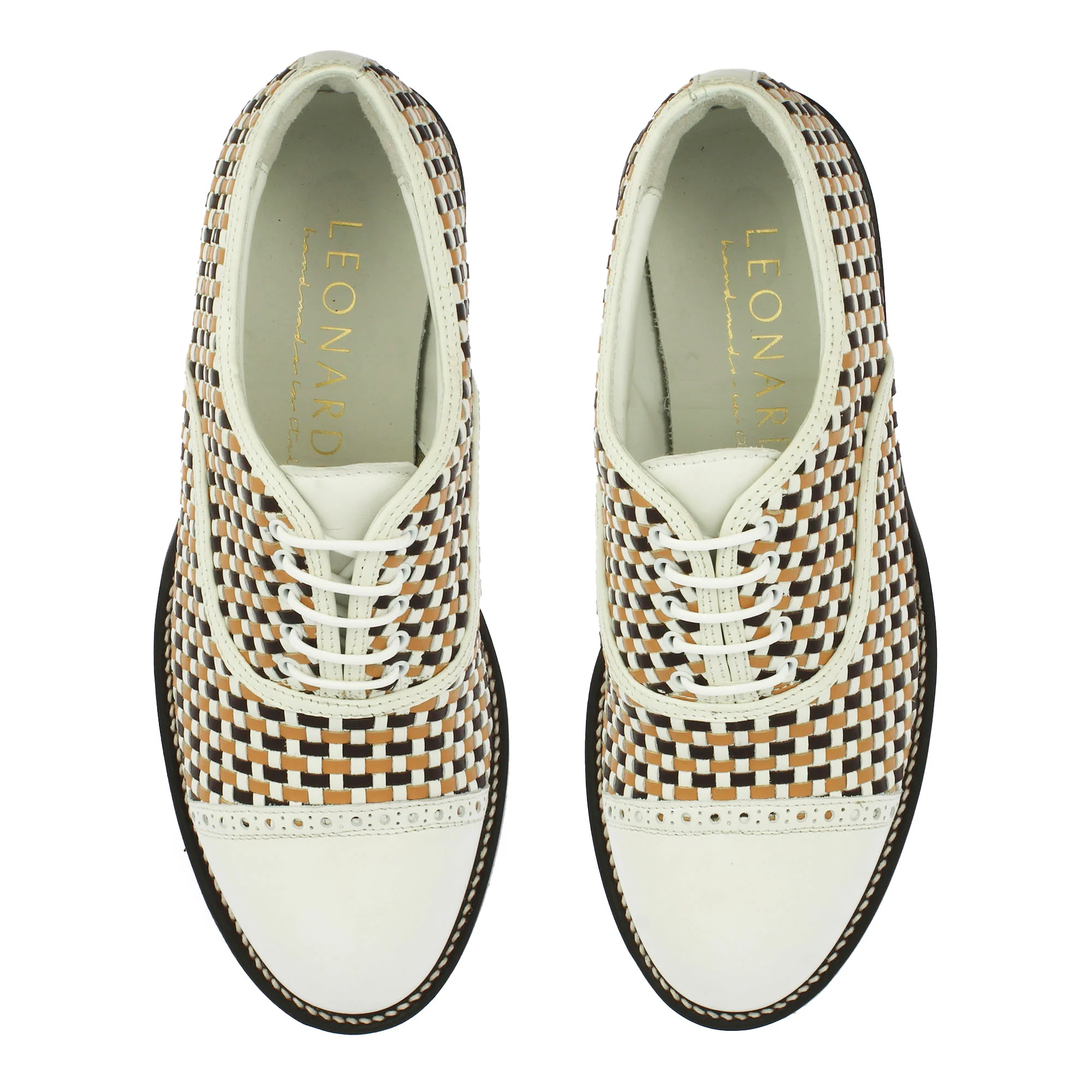 Scarpe da golf artigianali in pelle intrecciata bianca e marrone - Image 2