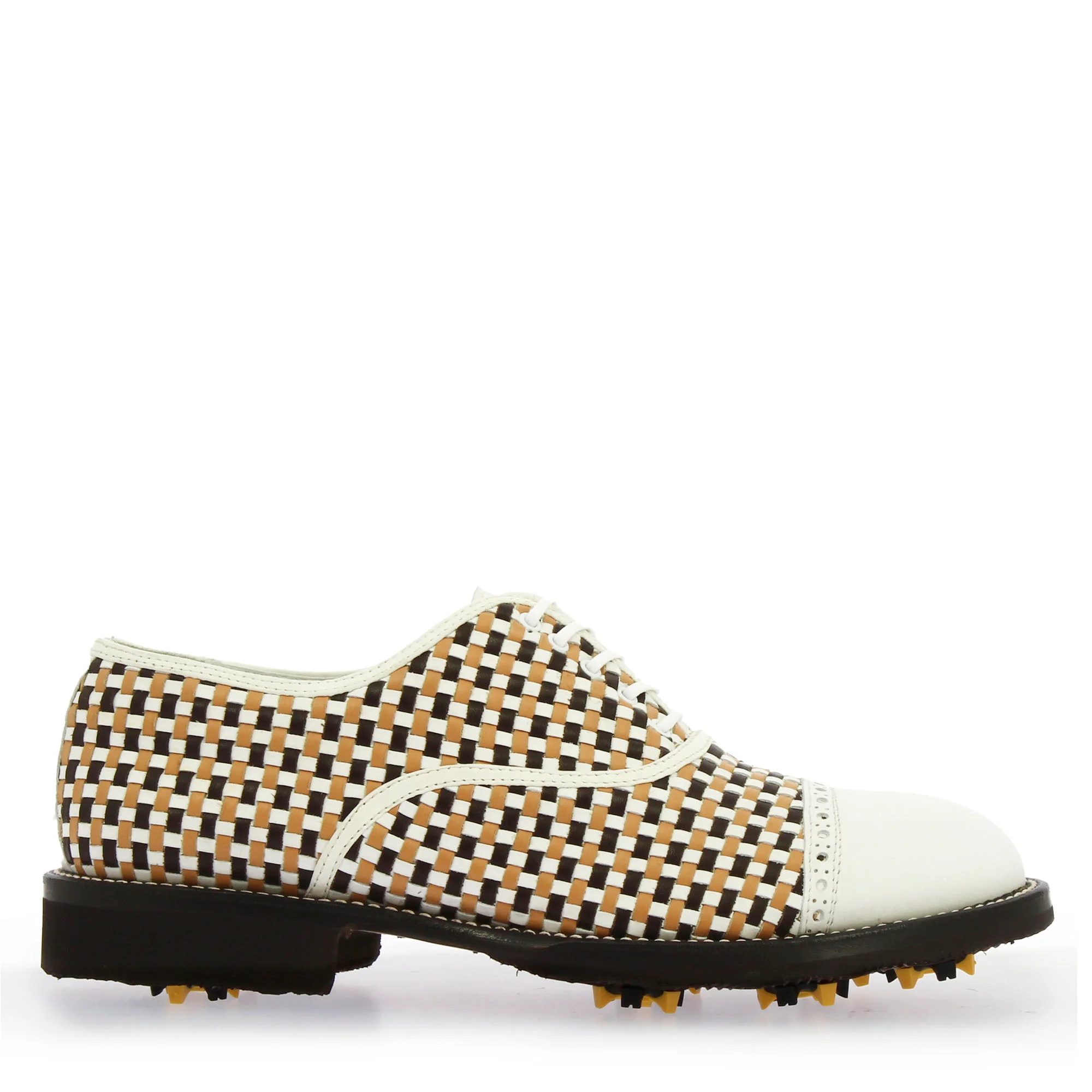 Scarpe da golf artigianali in pelle intrecciata bianca e marrone - Image 3
