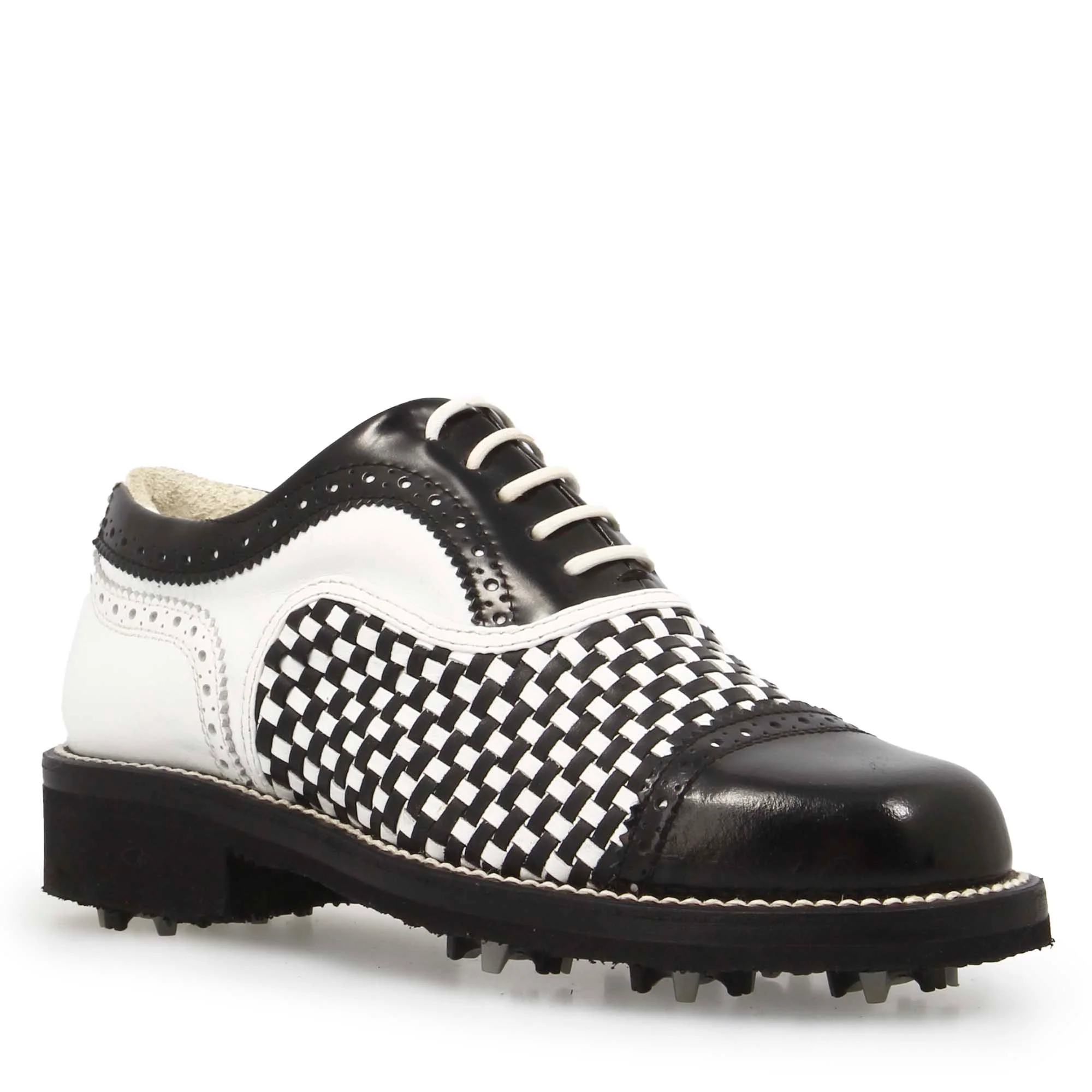 Scarpe da golf artigianali in pelle intrecciata bianca e nera