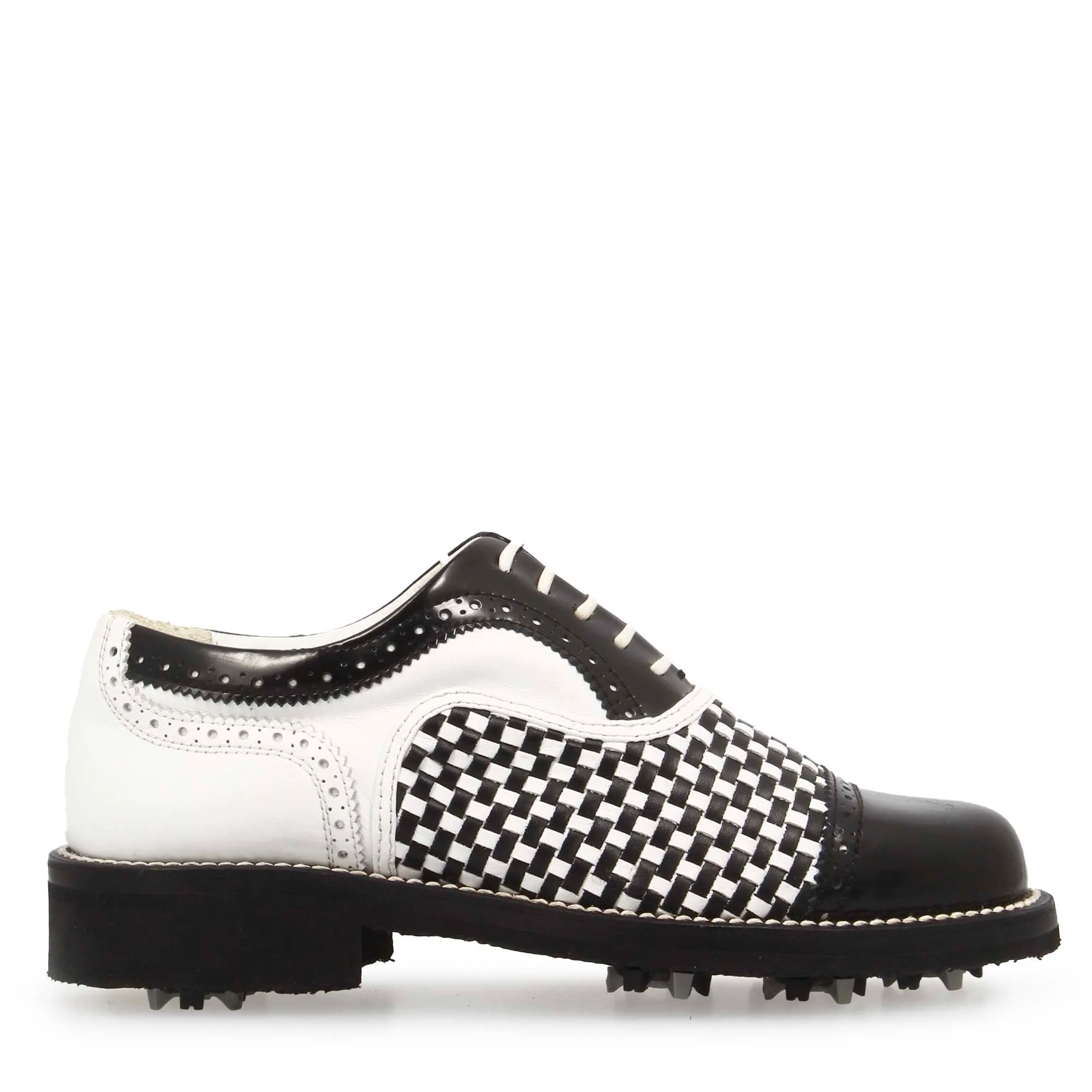 Scarpe da golf artigianali in pelle intrecciata bianca e nera - Image 3