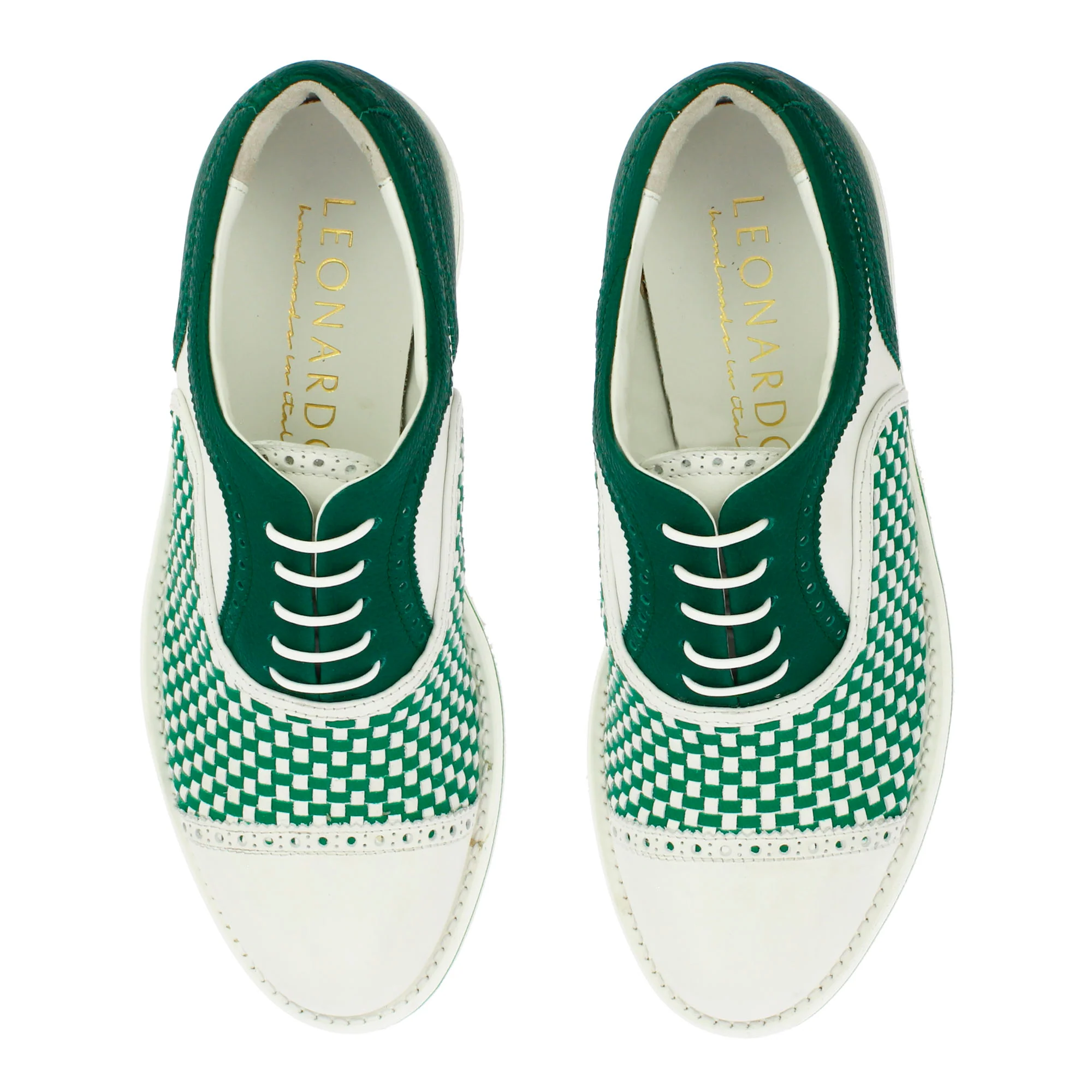 Scarpe da golf artigianali in pelle intrecciata bianca e verde - Image 2