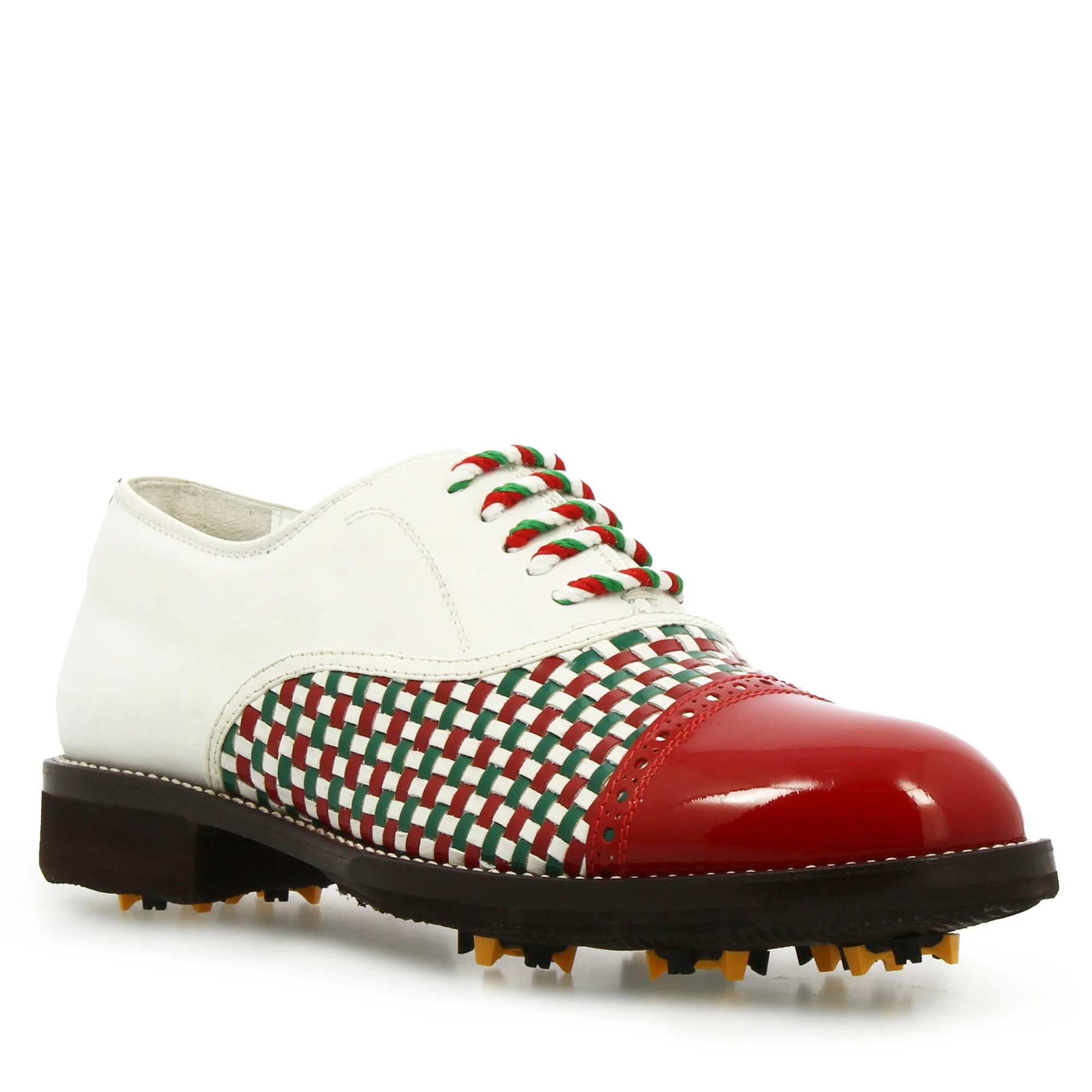 Scarpe da golf artigianali in pelle intrecciata bianca verde e rossa