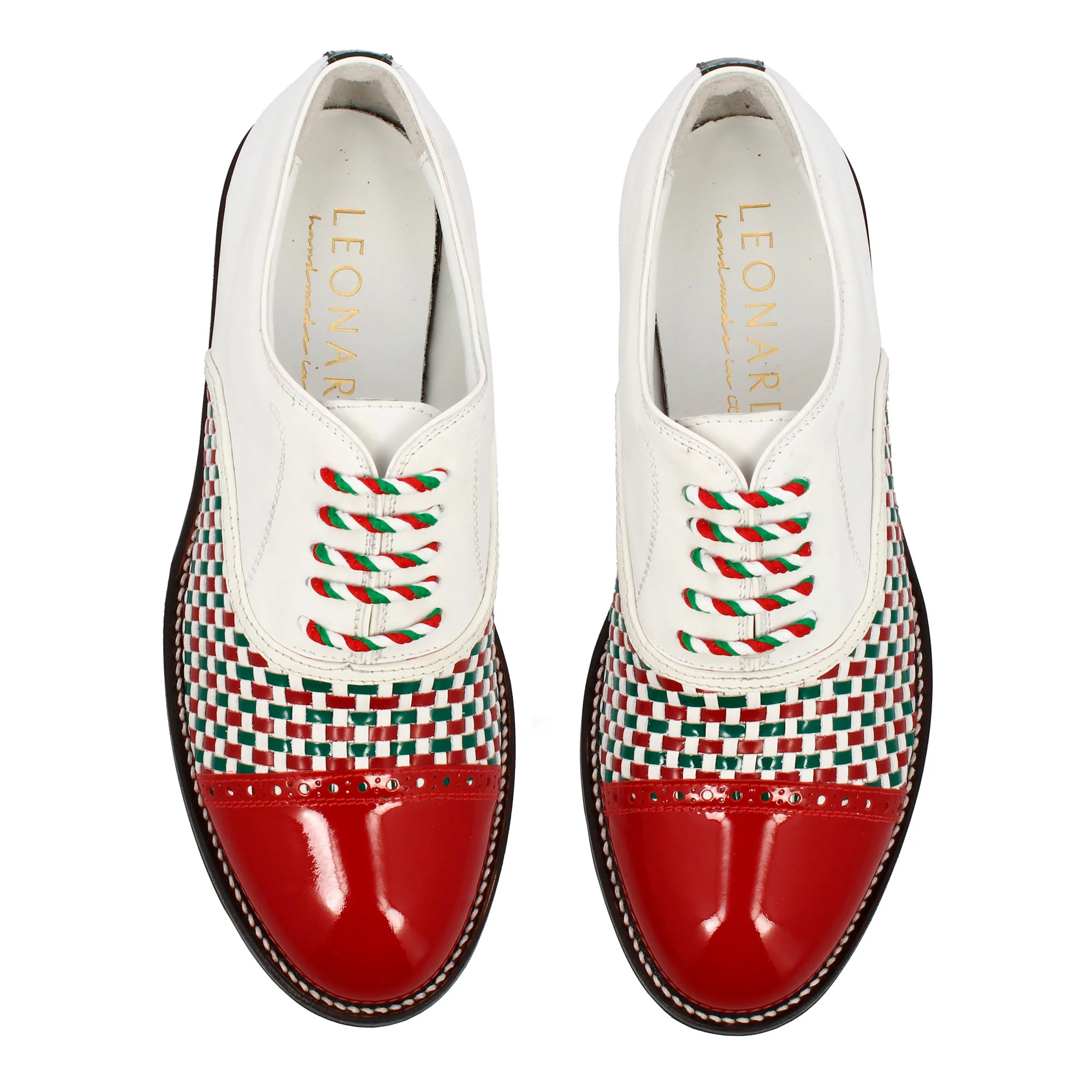 Scarpe da golf artigianali in pelle intrecciata bianca verde e rossa - Image 2