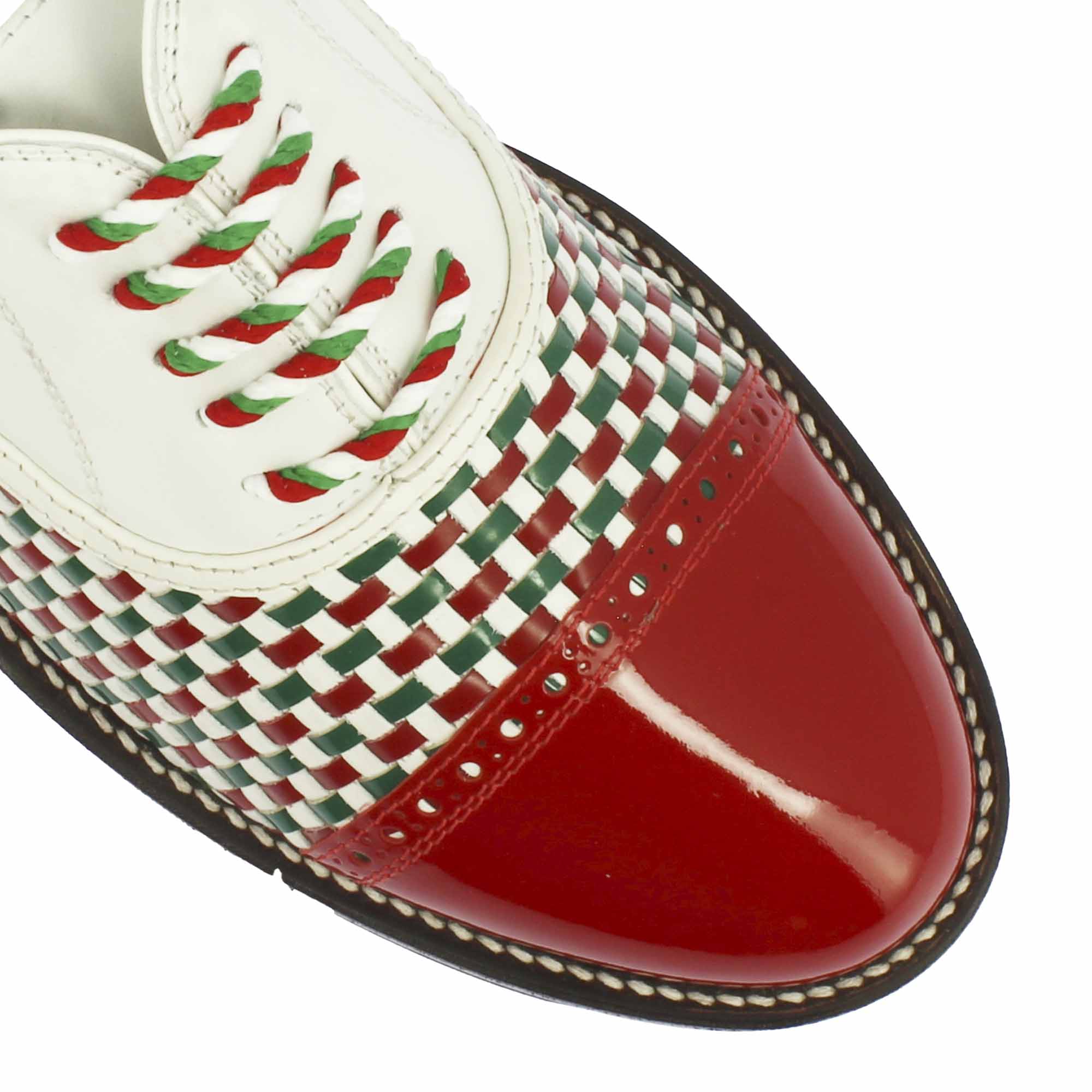 Scarpe da golf artigianali in pelle intrecciata bianca verde e rossa - Image 3