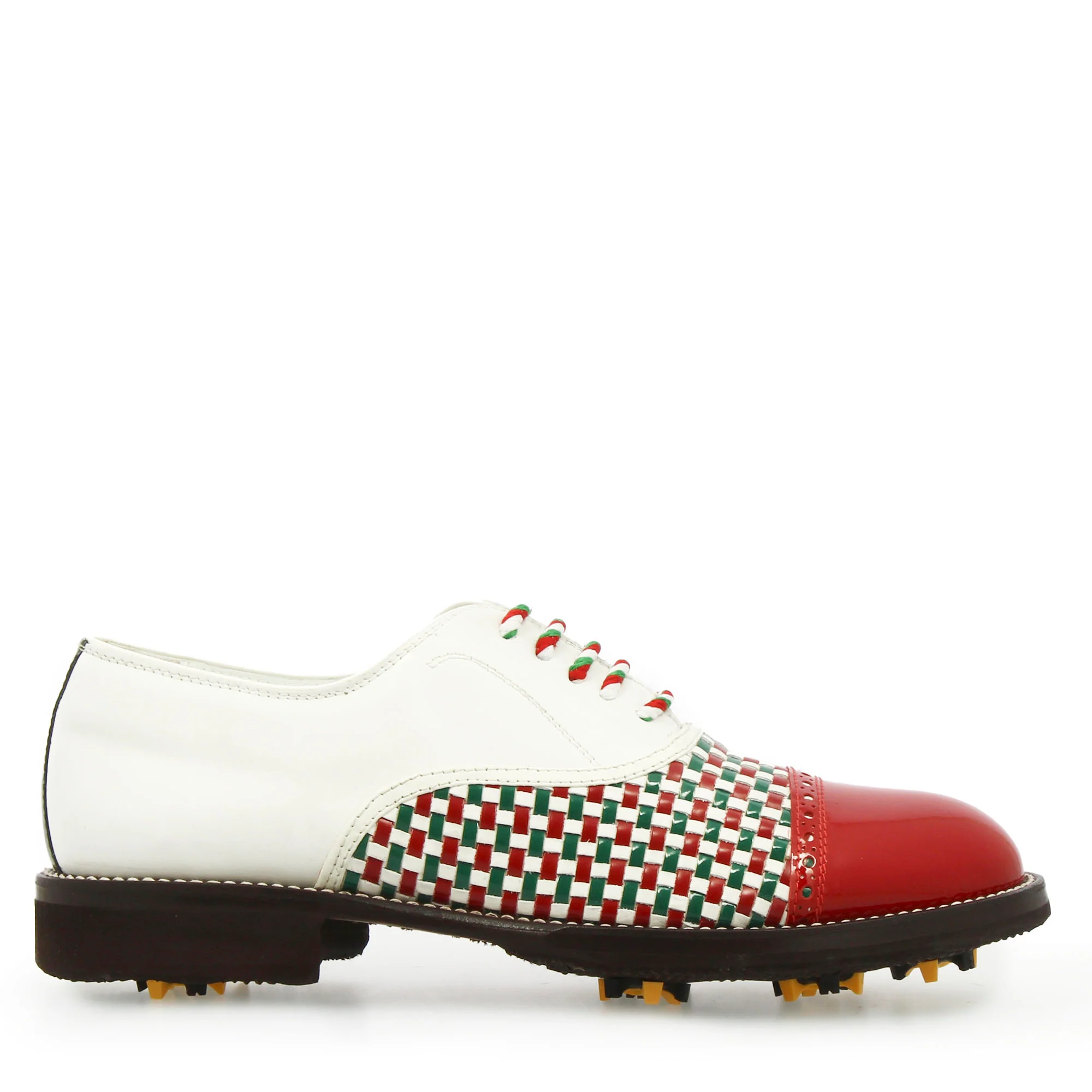 Scarpe da golf artigianali in pelle intrecciata bianca verde e rossa - Image 4