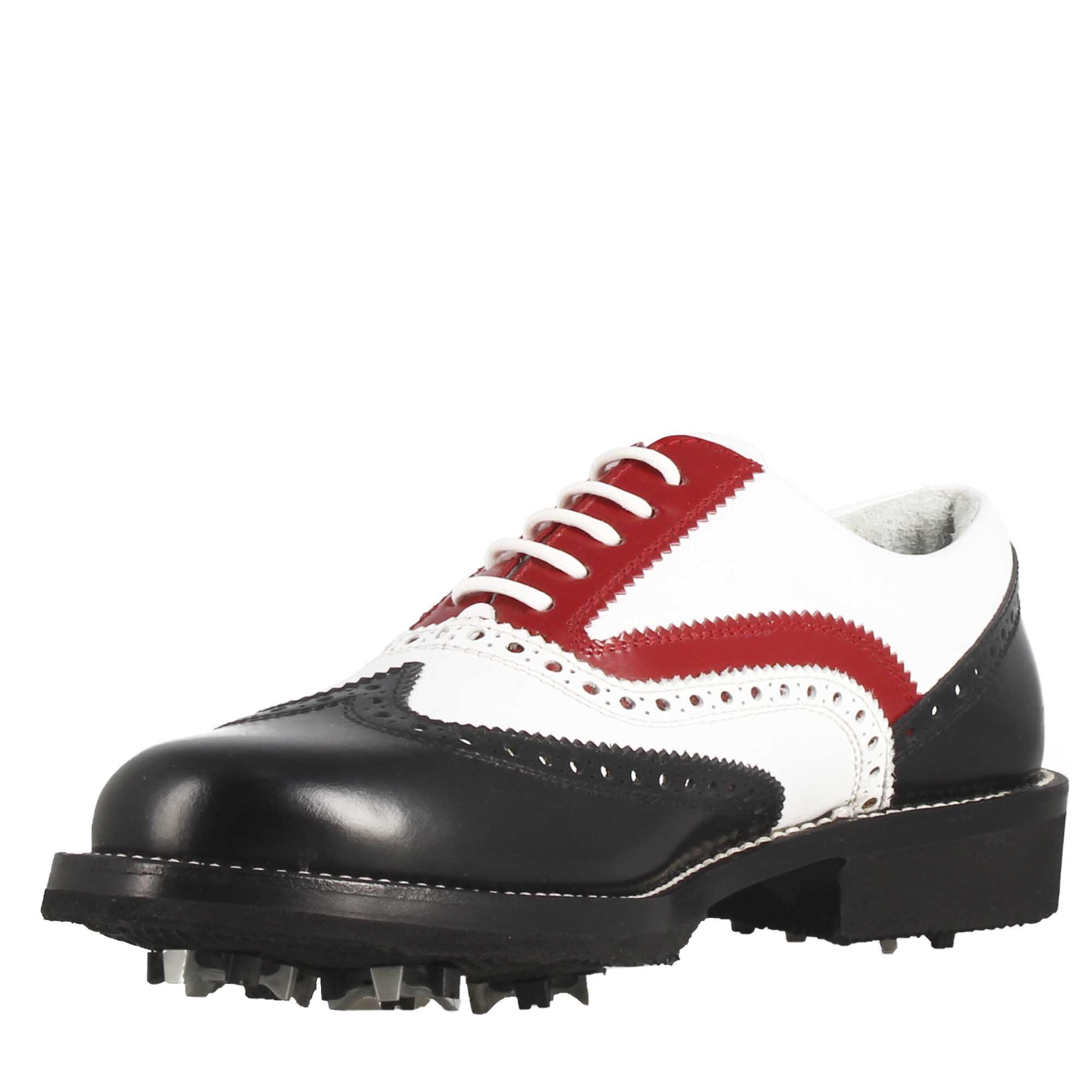 Scarpe da golf artigianali in pelle pieno fiore nero bianco rosso - Image 4