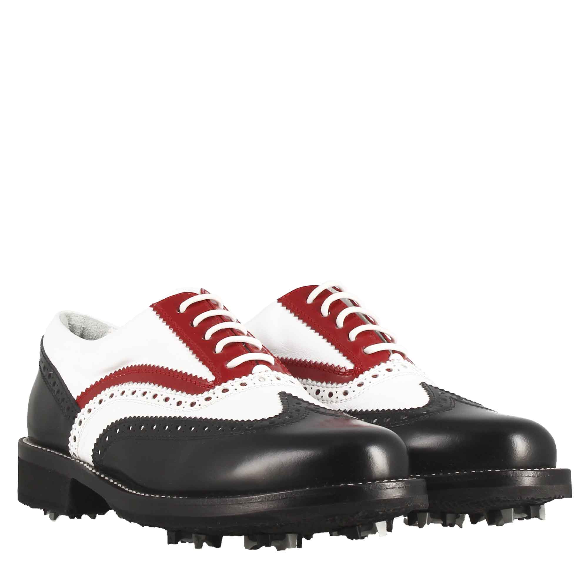 Scarpe da golf artigianali in pelle pieno fiore nero bianco rosso - Image 6