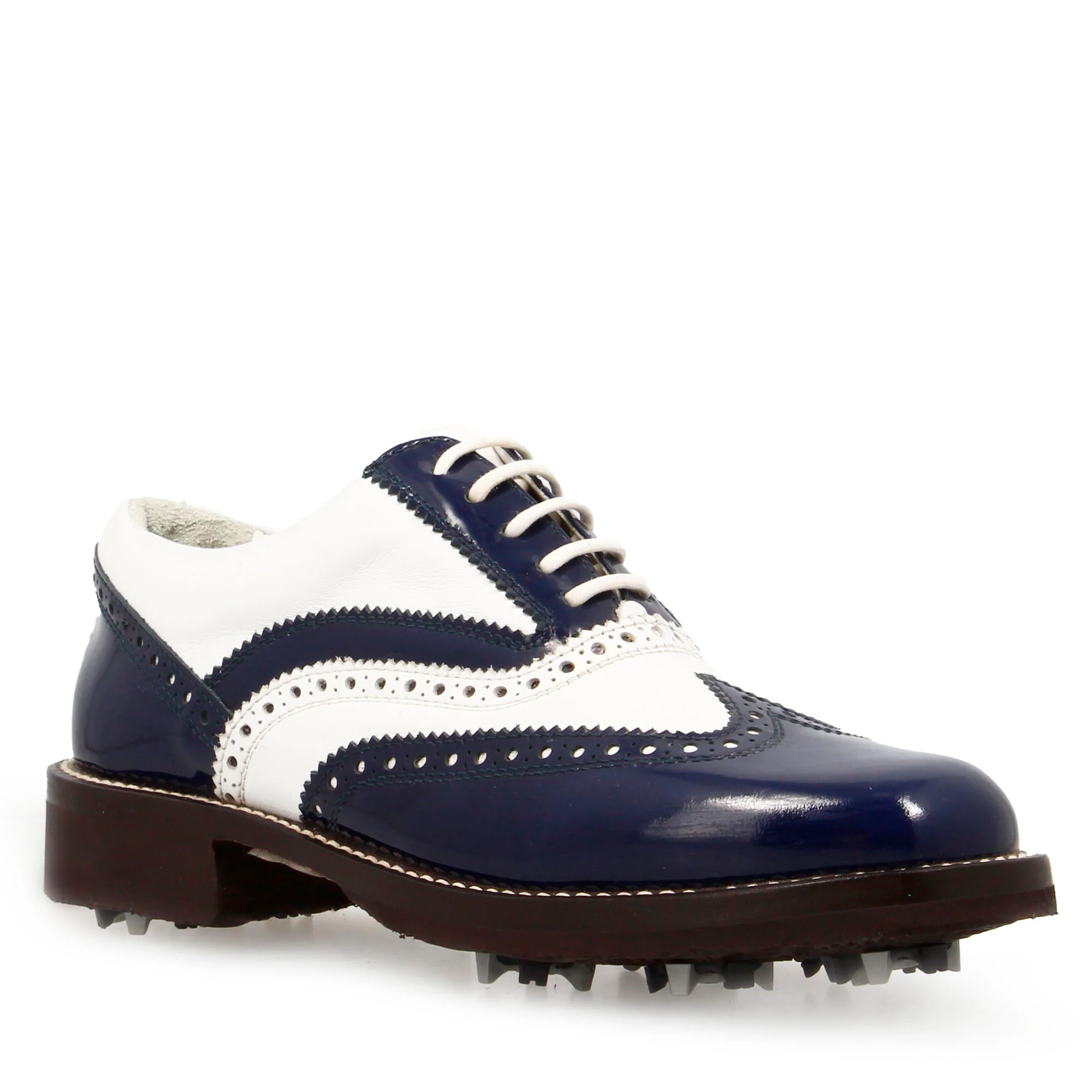 Scarpe da golf bicolore bianco e blu in pelle