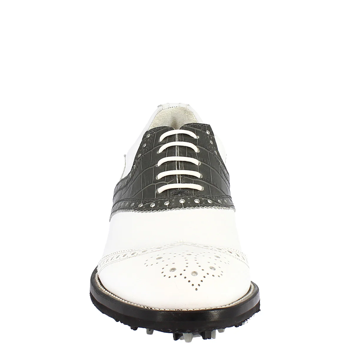 Scarpe da golf classiche artigianali in pelle bianca e grigia - Image 3