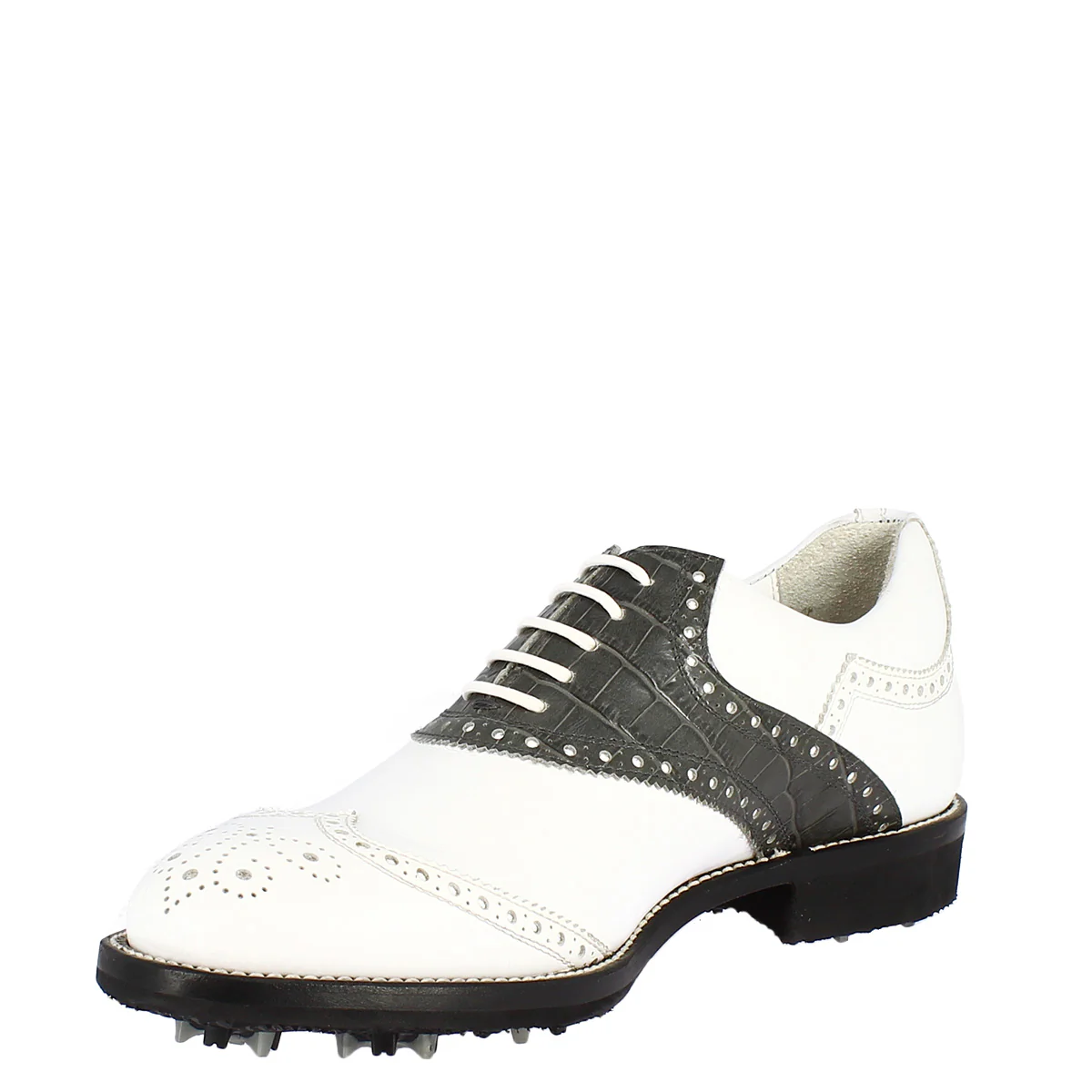 Scarpe da golf classiche artigianali in pelle bianca e grigia - Image 5