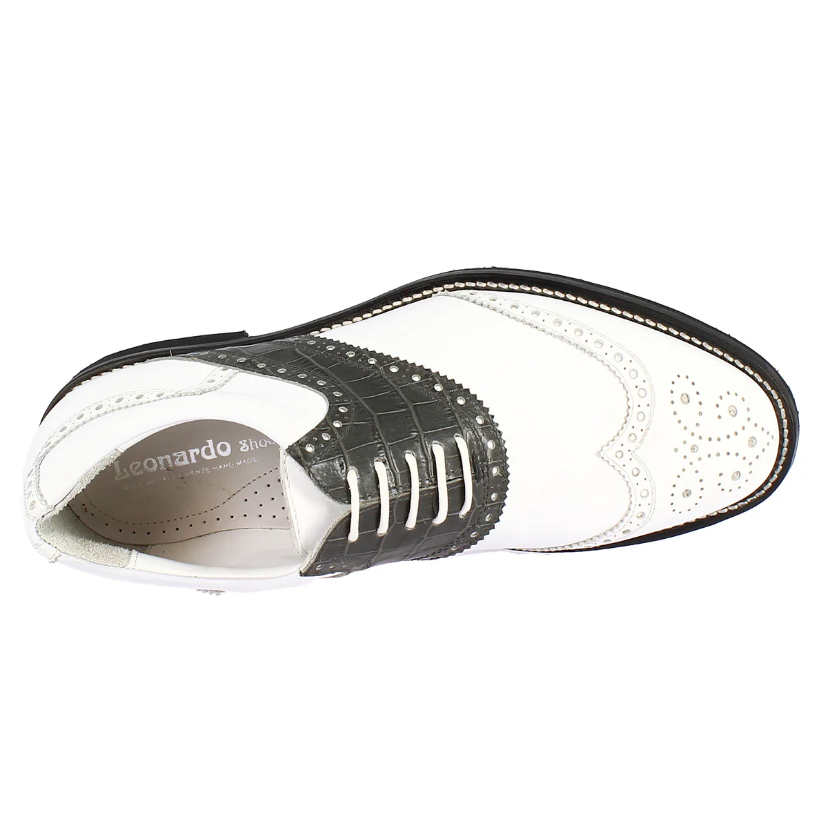 Scarpe da golf classiche artigianali in pelle bianca e grigia - Image 6