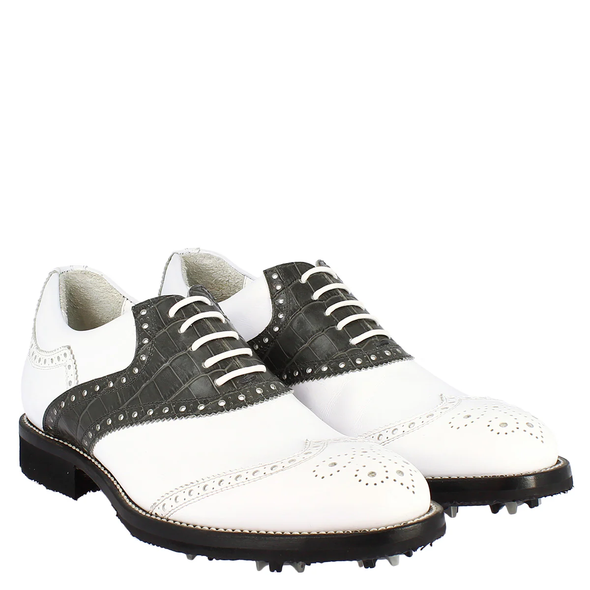Scarpe da golf classiche artigianali in pelle bianca e grigia - Image 8