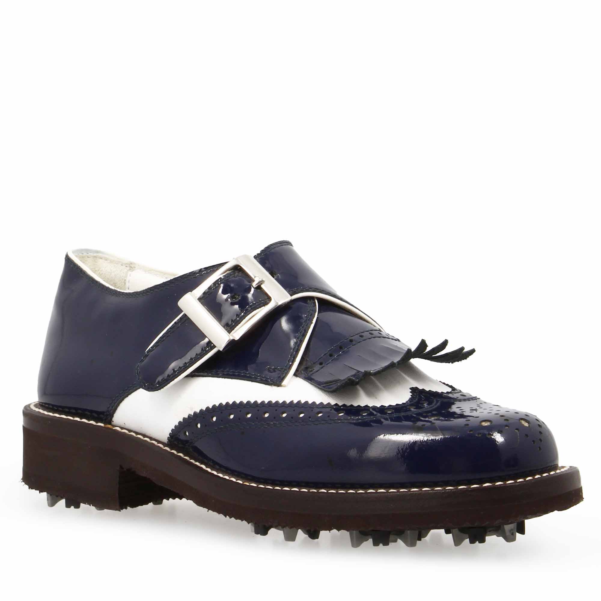 Scarpe con fibbia da golf in pelle bianca e vernice blu