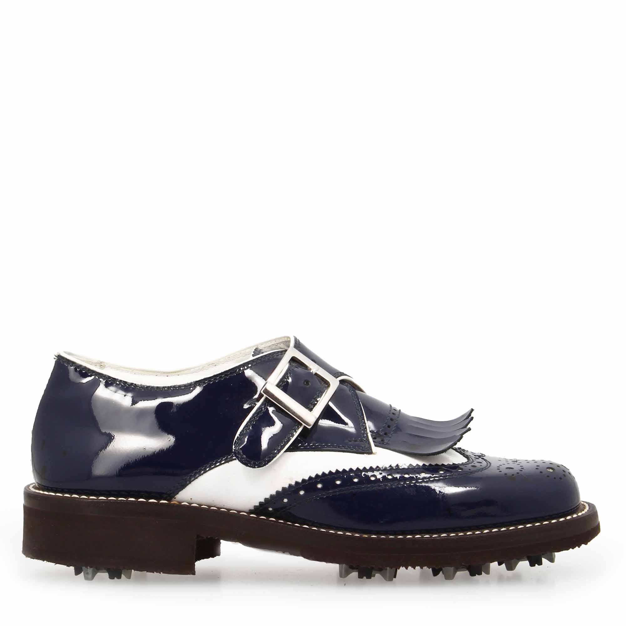 Scarpe con fibbia da golf in pelle bianca e vernice blu - Image 3