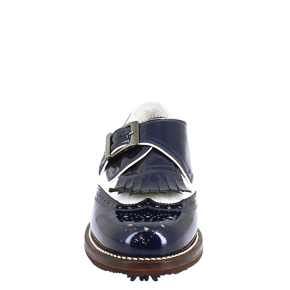 Scarpe con fibbia da golf in pelle bianca e vernice blu - Image 4