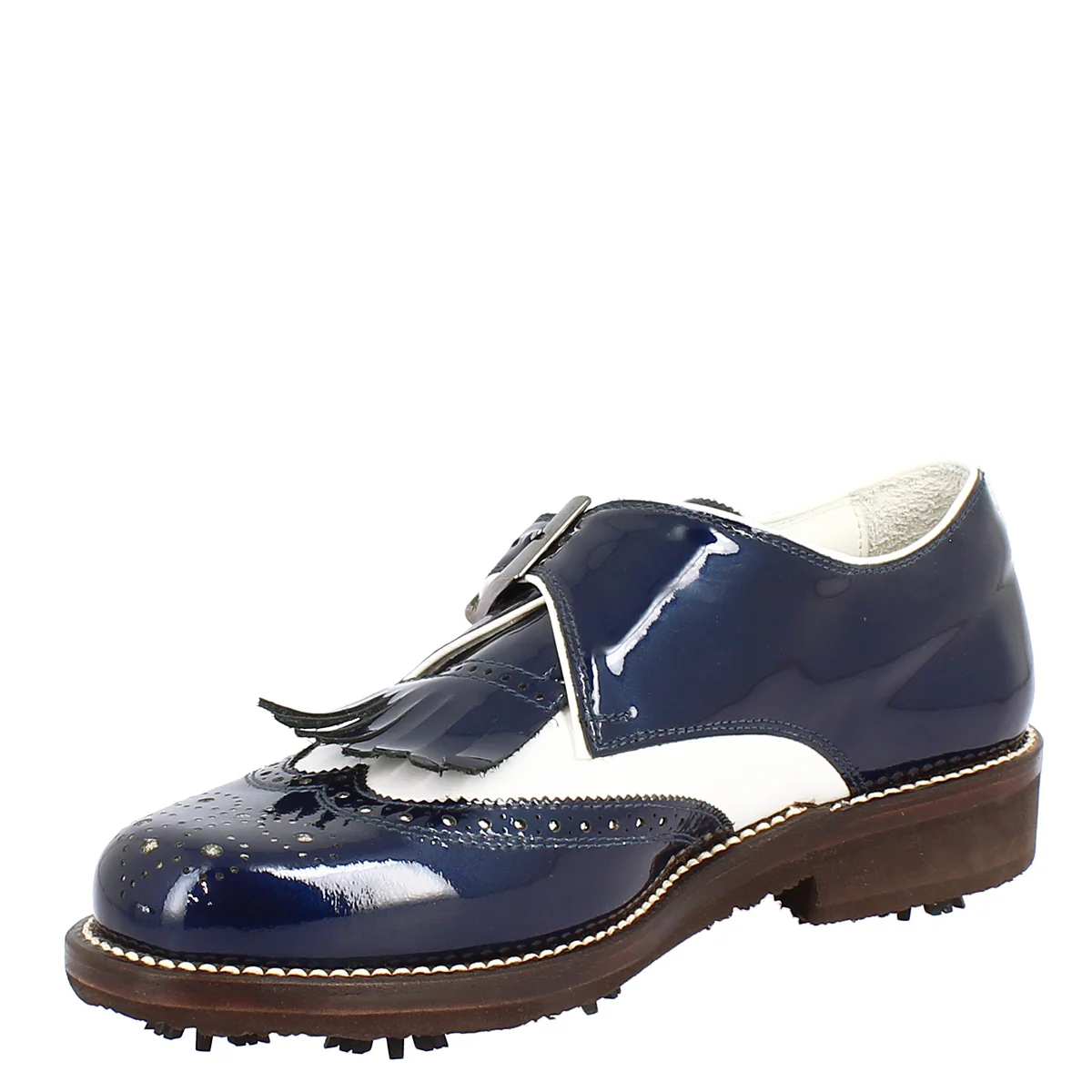 Scarpe con fibbia da golf in pelle bianca e vernice blu - Image 6