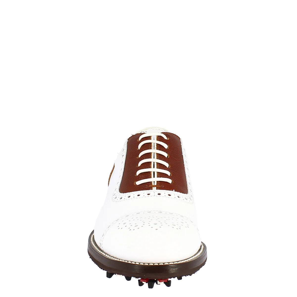 Scarpe da golf artigianali unisex in pelle bianca e marrone - Image 3