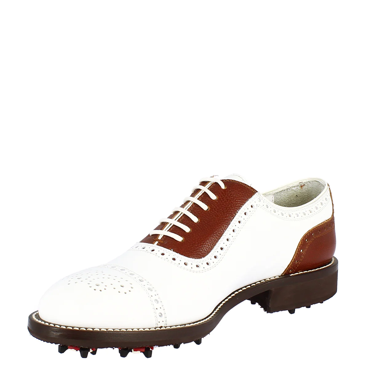 Scarpe da golf artigianali unisex in pelle bianca e marrone - Image 5