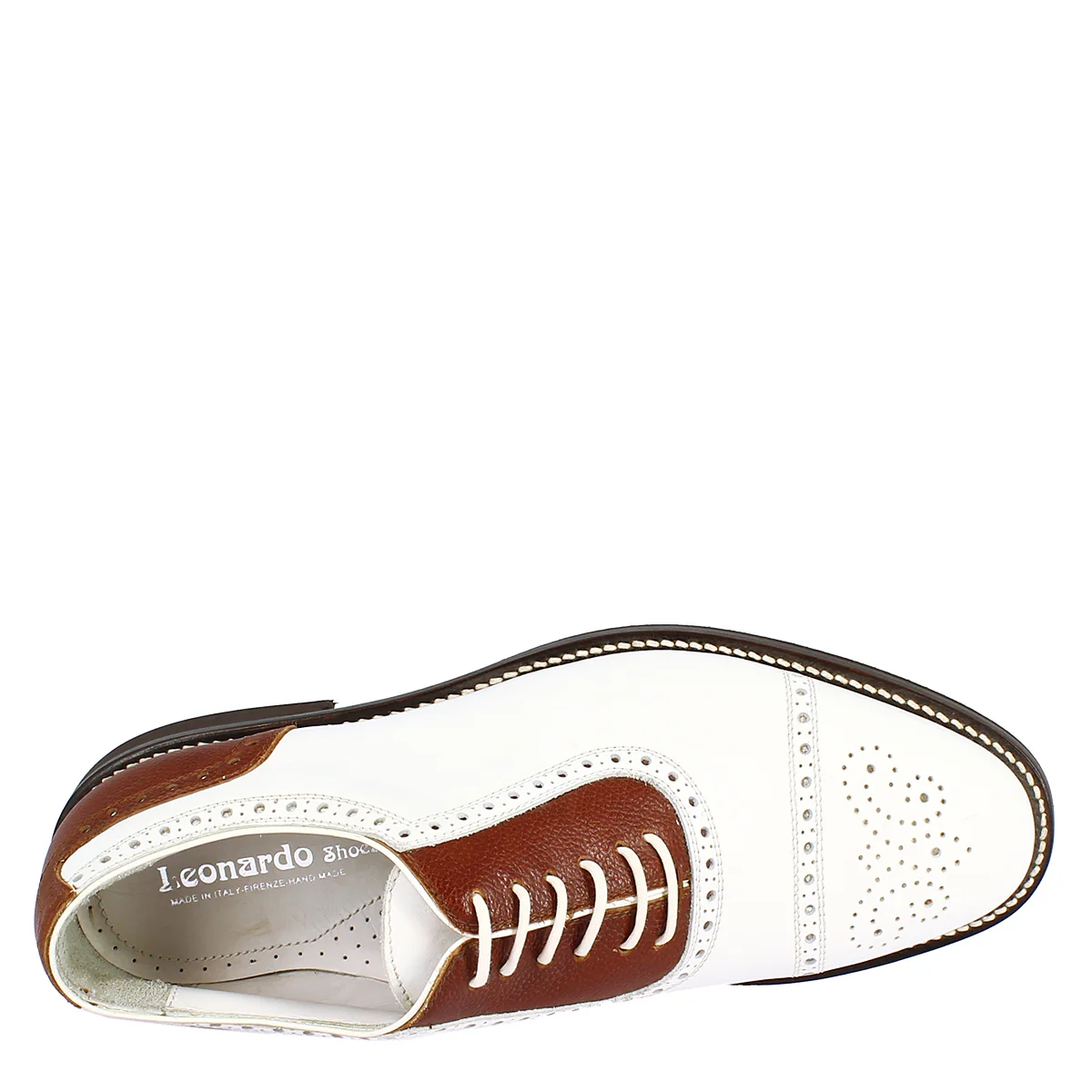 Scarpe da golf artigianali unisex in pelle bianca e marrone - Image 6
