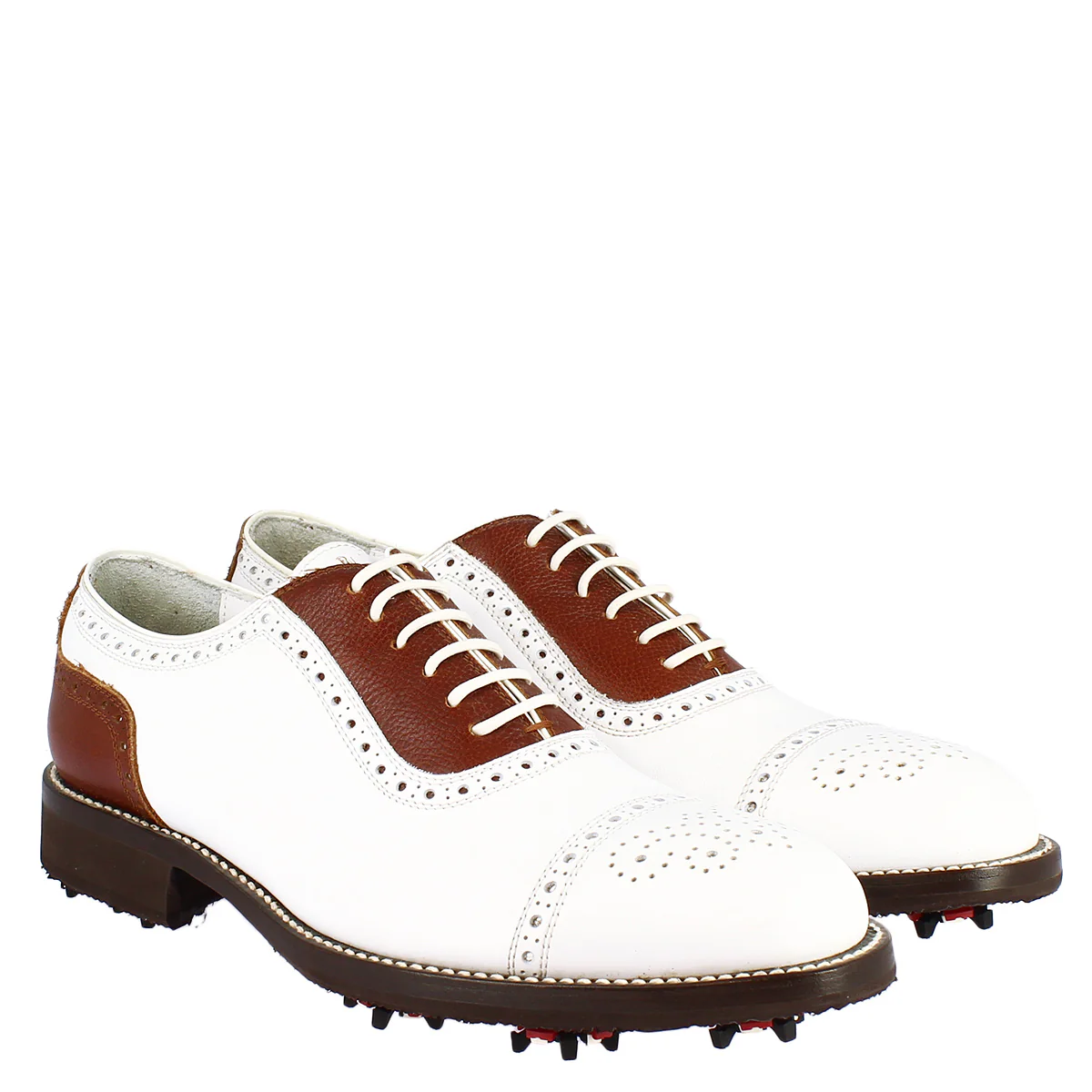 Scarpe da golf artigianali unisex in pelle bianca e marrone - Image 8