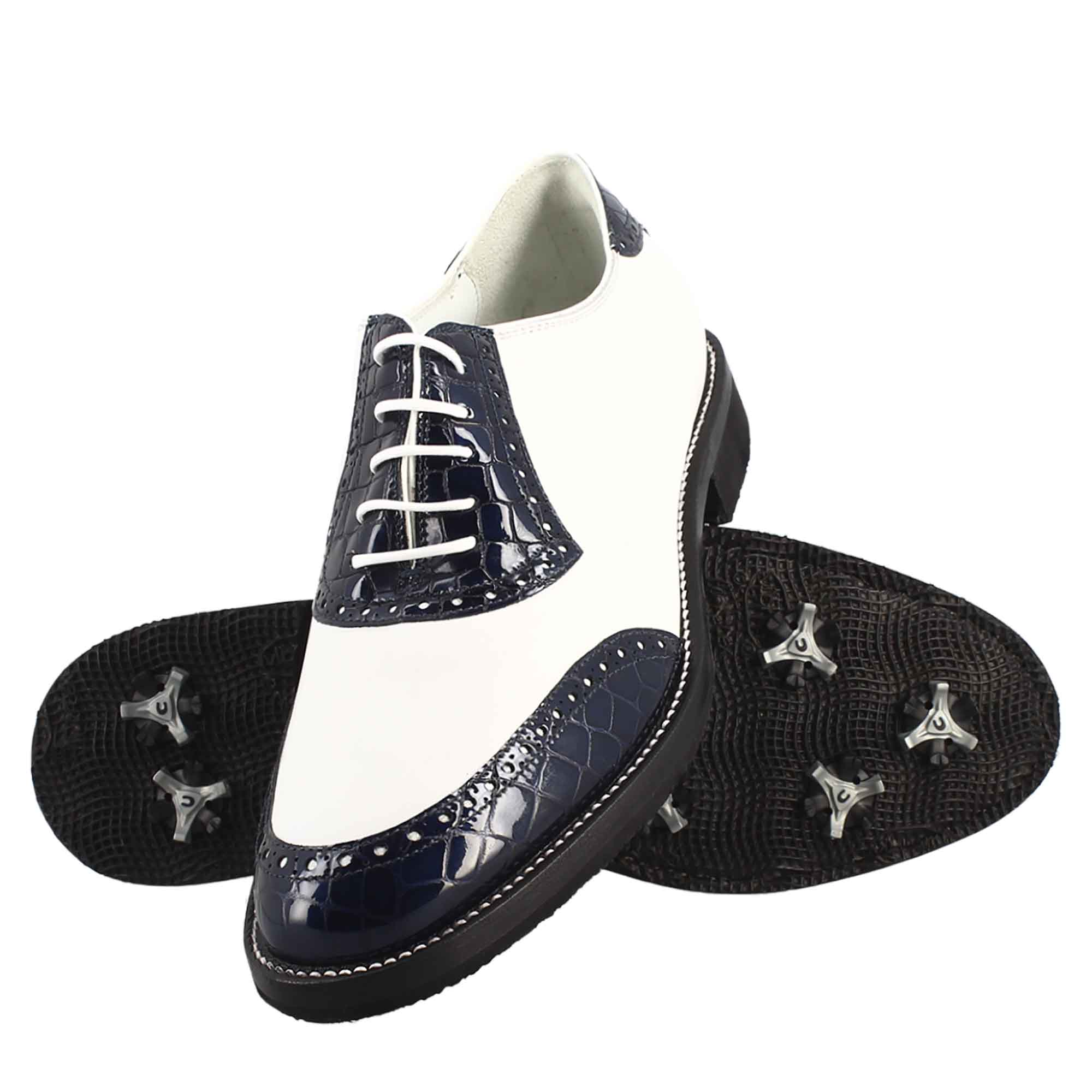 Scarpe golf artigianali in pelle bianco e cocco blu - Image 6