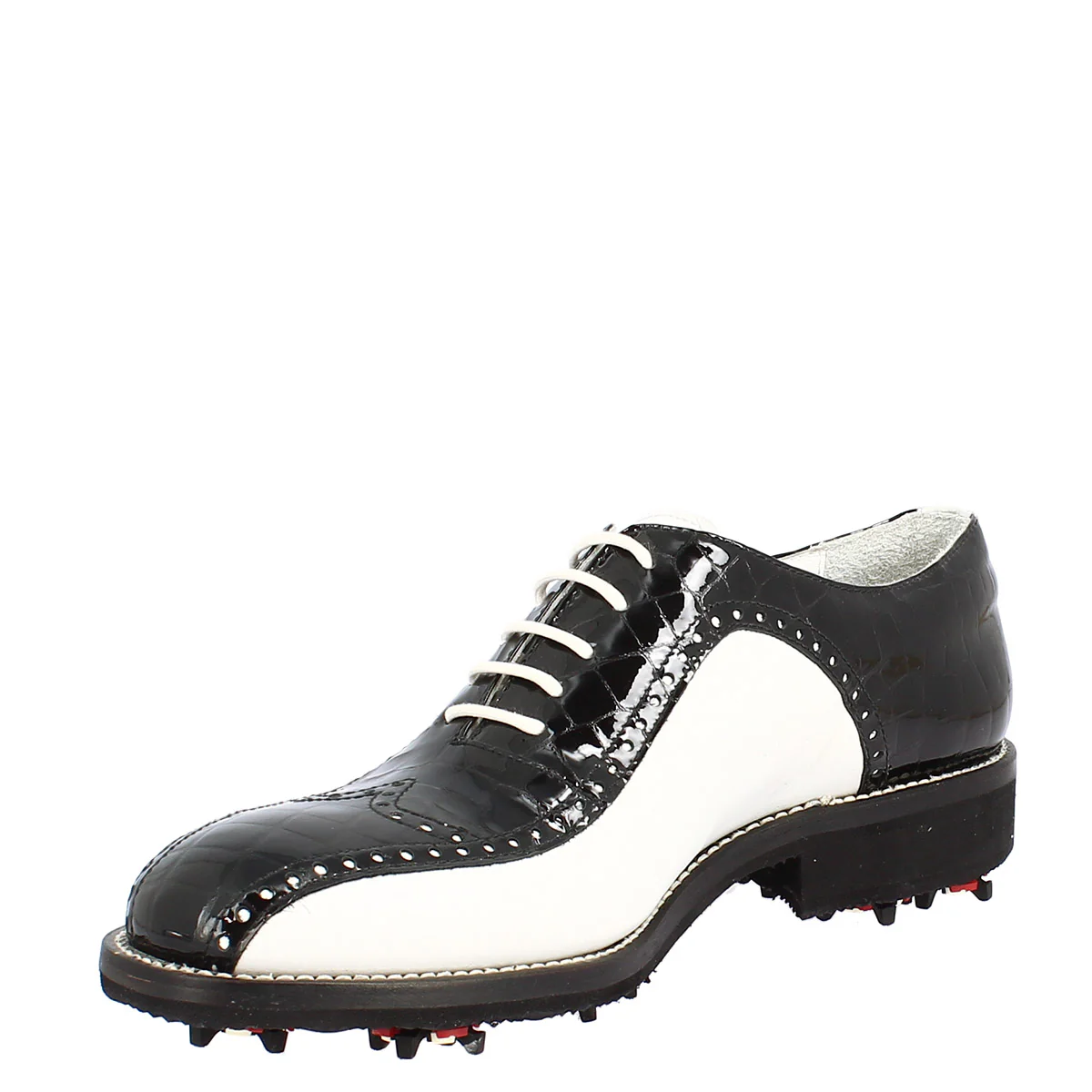 Scarpe golf artigianali in pelle pieno fiore bianco e cocco nero - Image 5