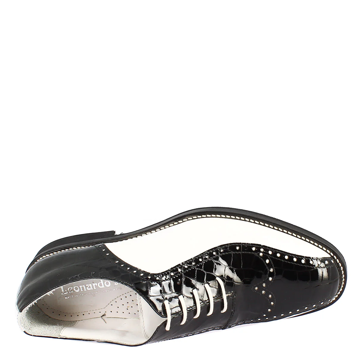 Scarpe golf artigianali in pelle pieno fiore bianco e cocco nero - Image 6