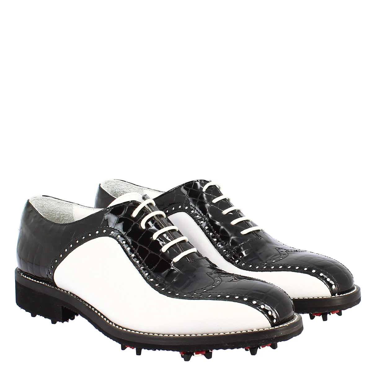 Scarpe golf artigianali in pelle pieno fiore bianco e cocco nero - Image 8