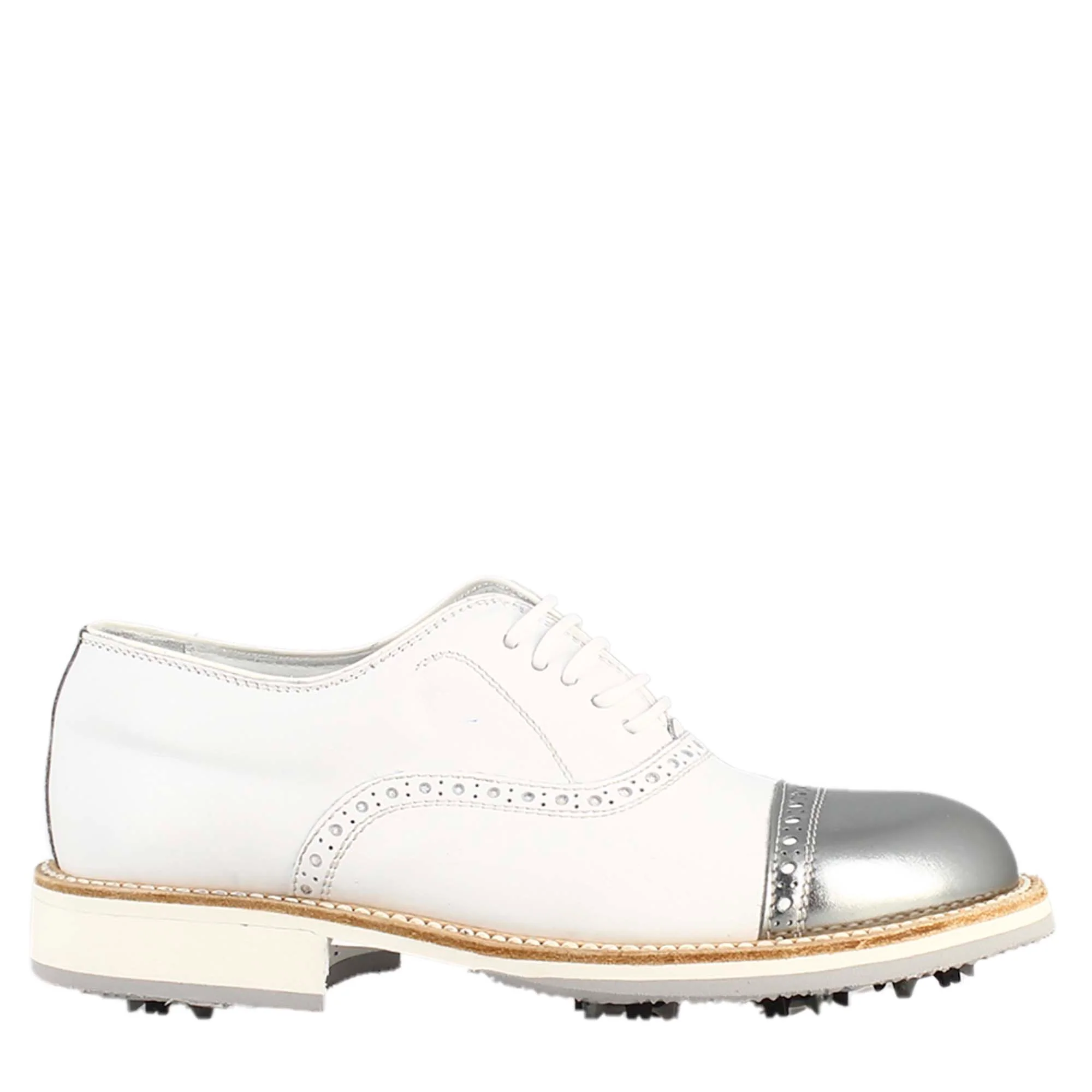 Scarpe golf artigianali in pelle bianco e dettagli in argento - Image 2
