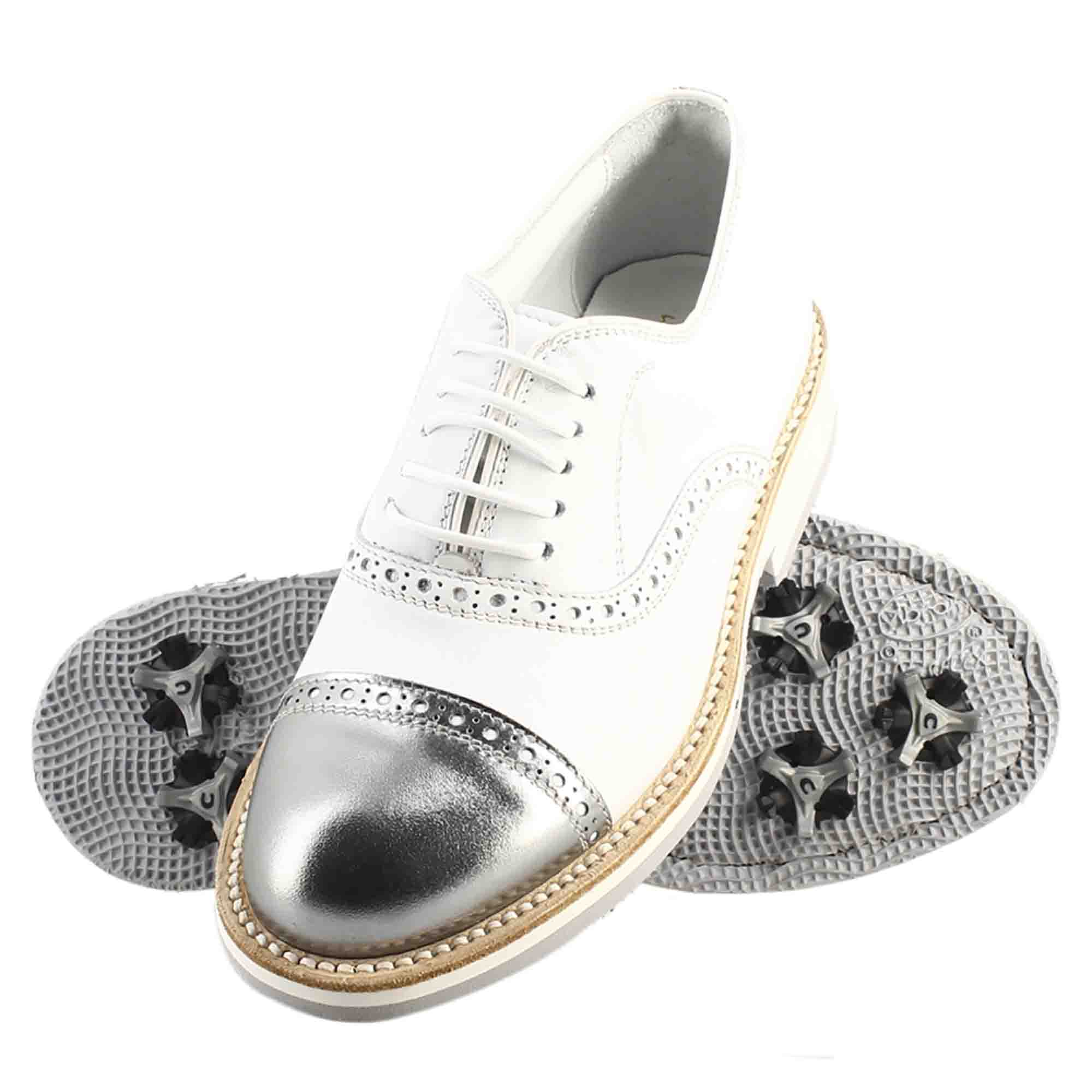 Scarpe golf artigianali in pelle bianco e dettagli in argento - Image 6
